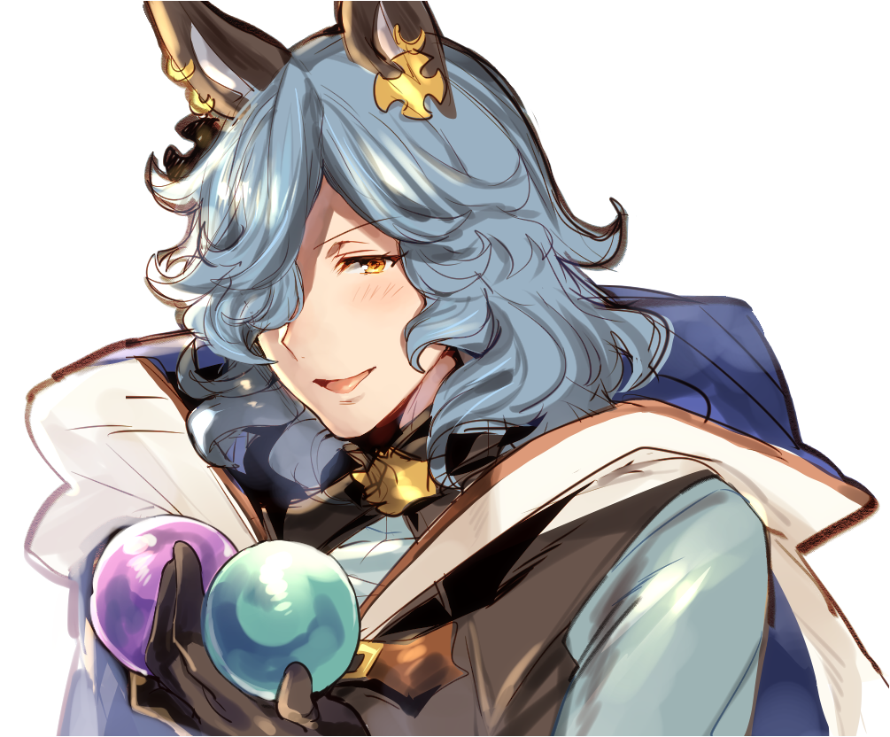 1boy :d animal_ears ball black_gloves black_shirt blue_hair blue_shirt blush buckle cape commentary_request cross cross_earrings drang_(granblue_fantasy) earrings eno_yukimi erune eyebrows_visible_through_hair gloves granblue_fantasy hair_over_one_eye holding holding_ball hood hood_down hooded_cape jewelry looking_at_viewer male_focus medium_hair open_mouth shiny shiny_hair shirt simple_background sleeveless sleeveless_shirt smile solo upper_body wavy_hair white_background white_cape yellow_eyes
