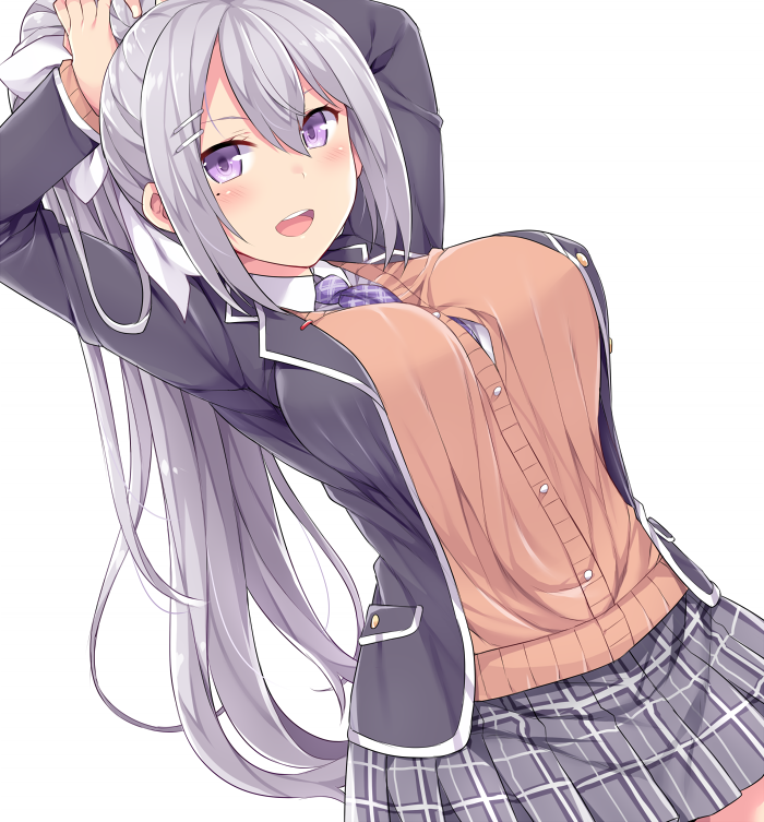 1girl :d blazer blush breasts cardigan commentary dutch_angle hasu_(hk_works) higuchi_kaede jacket large_breasts long_hair looking_at_viewer mole mole_under_eye nijisanji open_mouth pleated_skirt ponytail school_uniform silver_hair skirt smile solo sweater tying_hair violet_eyes virtual_youtuber white_background