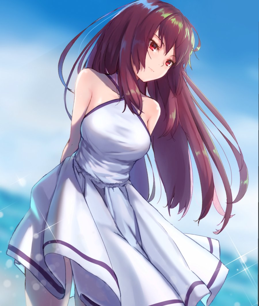 1girl arms_behind_back bare_shoulders blue_sky breasts clouds cloudy_sky commentary_request day dress fate/grand_order fate_(series) hair_blowing long_hair maru_(maru1625) ocean purple_hair red_eyes scathach_(fate)_(all) scathach_(fate/grand_order) sky smile sparkle
