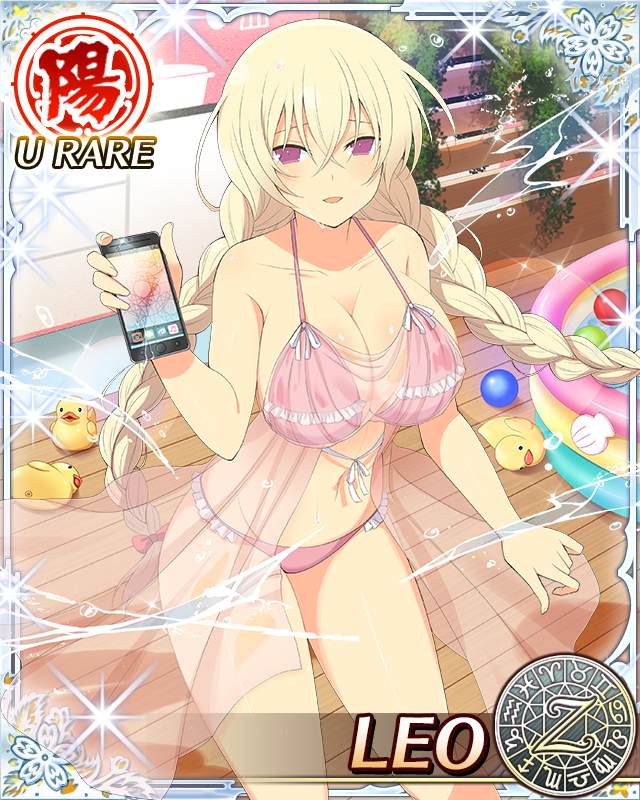 1girl bikini blonde_hair braid breasts card_(medium) cellphone character_name cleavage hair_between_eyes large_breasts leo_(senran_kagura) long_hair looking_at_viewer navel official_art open_mouth phone pink_bikini senran_kagura senran_kagura_new_wave smartphone solo swimsuit trading_card twin_braids very_long_hair violet_eyes water wet yaegashi_nan