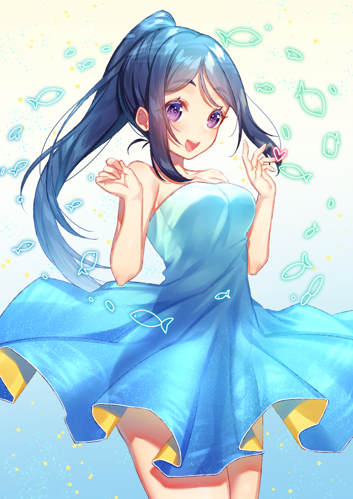 1girl :d blue_dress blue_hair breasts clenched_hand cowboy_shot dress eyebrows_visible_through_hair fish hands_up heart long_hair long_ponytail love_live! love_live!_sunshine!! matsuura_kanan medium_breasts moyui_(myi_005) open_mouth ponytail see-through_silhouette smile solo strapless strapless_dress upper_teeth violet_eyes