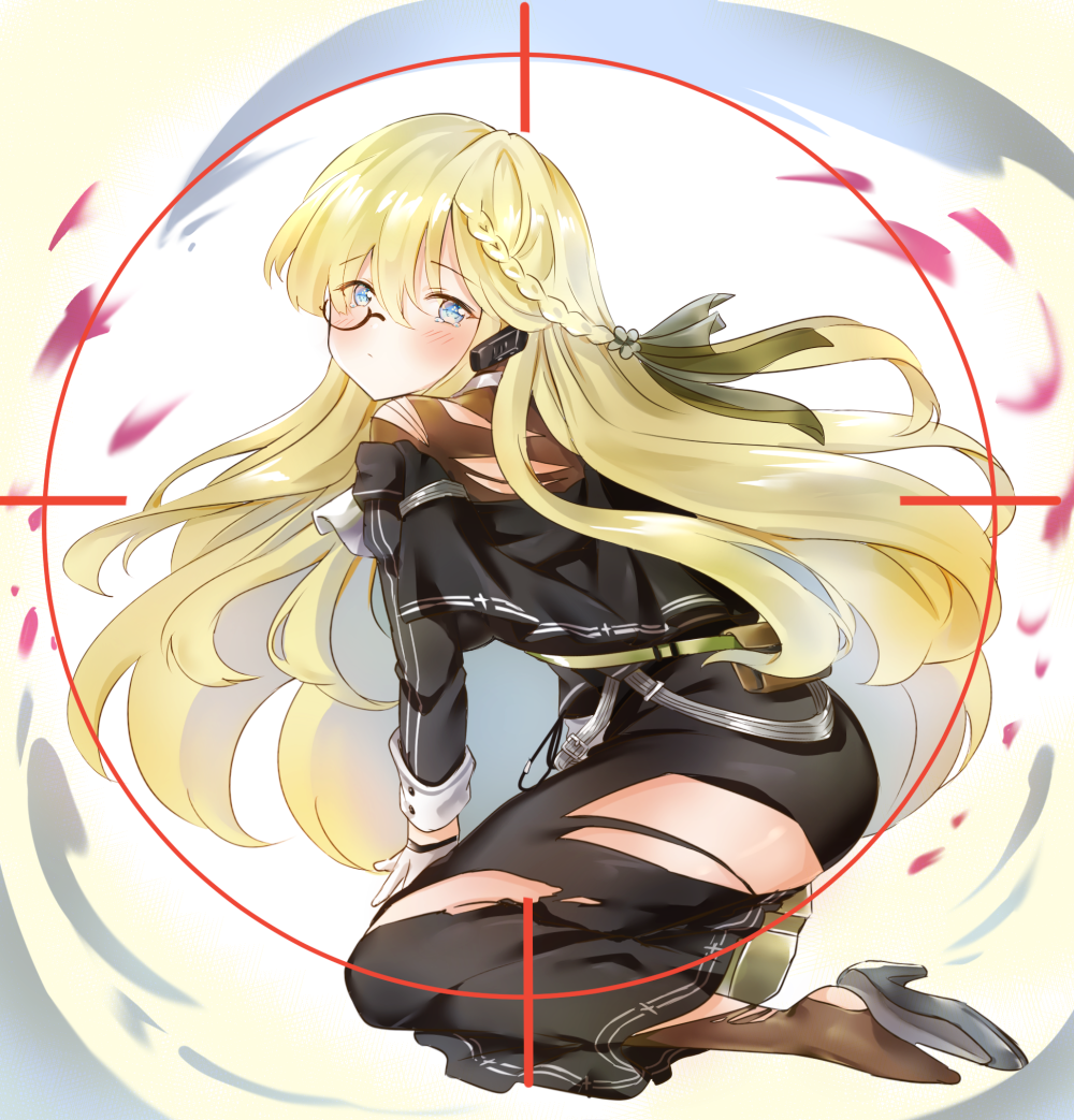 1girl bangs black_capelet black_footwear black_jacket black_ribbon blonde_hair blue_eyes blush braid brown_shirt capelet commentary_request cz52_(girls_frontline) eyebrows_visible_through_hair french_braid girls_frontline gloves hair_ornament hair_ribbon half_gloves headset high_heels jacket kerchief long_hair melynx_(user_aot2846) monocle ribbon scope shirt skirt sleeves_folded_up sniper_scope solo strap tagme tears torn_clothes very_long_hair white_gloves white_neckwear