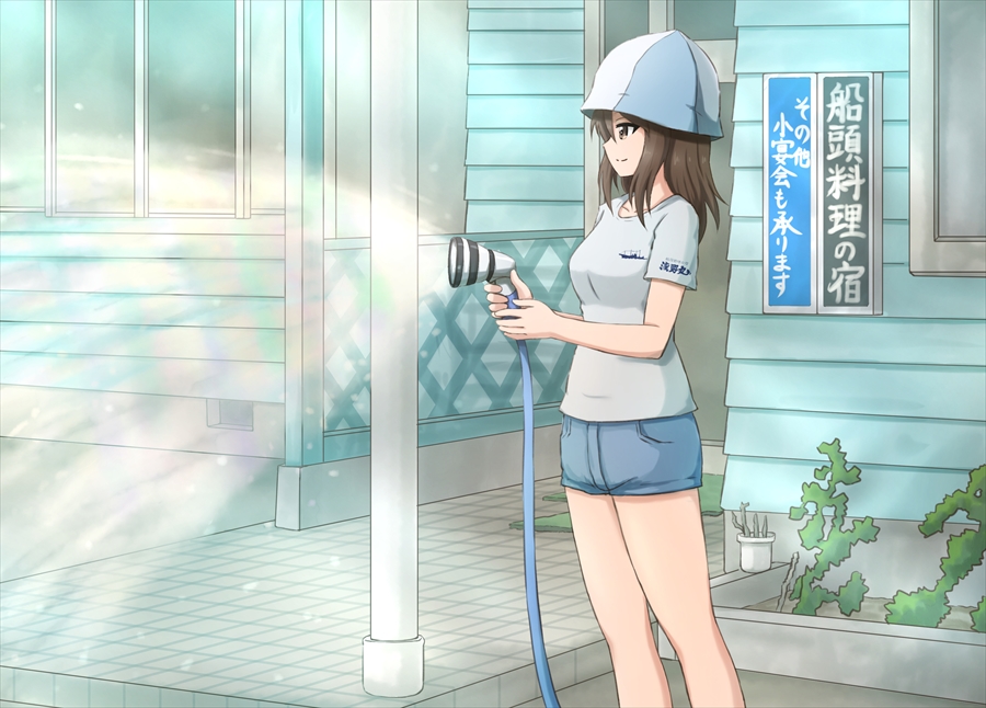 1girl blue_hat blue_shorts brown_eyes brown_hair building casual closed_mouth clothes_writing commentary day girls_und_panzer hat holding hose hose_nozzle long_hair mika_(girls_und_panzer) omachi_(slabco) outdoors print_shirt shirt short_shorts short_sleeves shorts smile solo spraying standing t-shirt translation_request white_shirt