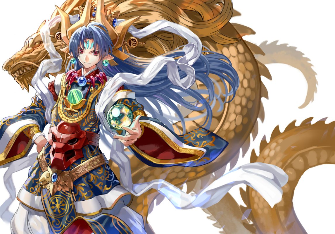 1girl blue_hair character_request chinese_clothes dragon earrings eastern_dragon facial_mark forehead_mark jewelry long_hair looking_at_viewer necklace orb pointy_ears ran'ou_(tamago_no_kimi) red_eyes shinrabanshou white_background wide_sleeves