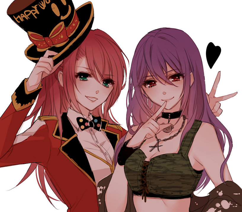 2girls bang_dream! black_choker black_neckwear blush bow bowtie breasts character_request chino_machiko choker cleavage collared_shirt finger_to_mouth green_eyes hair_between_eyes hat heart holding holding_hat index_finger_raised jacket jewelry long_hair looking_at_viewer multiple_girls necklace open_clothes open_jacket polka_dot_neckwear purple_hair red_eyes red_jacket shirt simple_background smile top_hat v vest white_background white_shirt white_vest wing_collar wristband