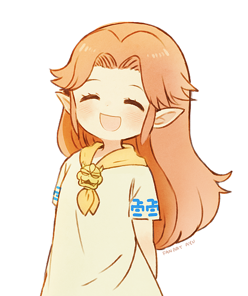 1girl :d ayu_(mog) bangs blush closed_eyes facing_viewer light_brown_hair long_hair malon open_mouth parted_bangs pointy_ears short_sleeves simple_background smile solo standing the_legend_of_zelda upper_body white_background