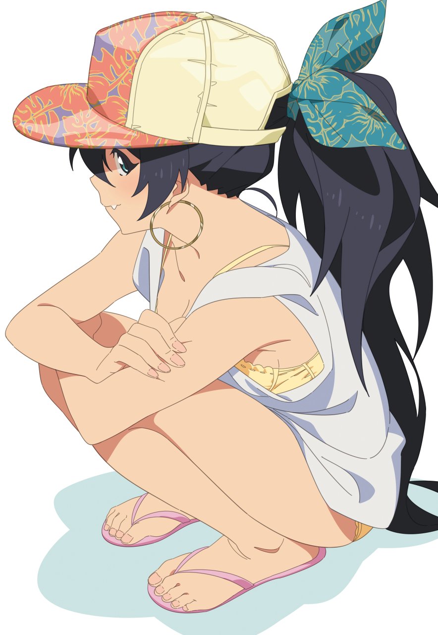 1girl bare_legs baseball_cap black_hair blue_bow blue_eyes blue_panties bow bra character_request crossed_arms earrings fang_out fingernails from_side fukushi_ryouhei full_body grey_shirt hair_bow hat highres hoop_earrings idolmaster idolmaster_cinderella_girls jewelry long_hair nail_polish no_socks panties pink_nails ponytail sandals shirt simple_background smile solo squatting toenails underwear very_long_hair white_background yellow_bra