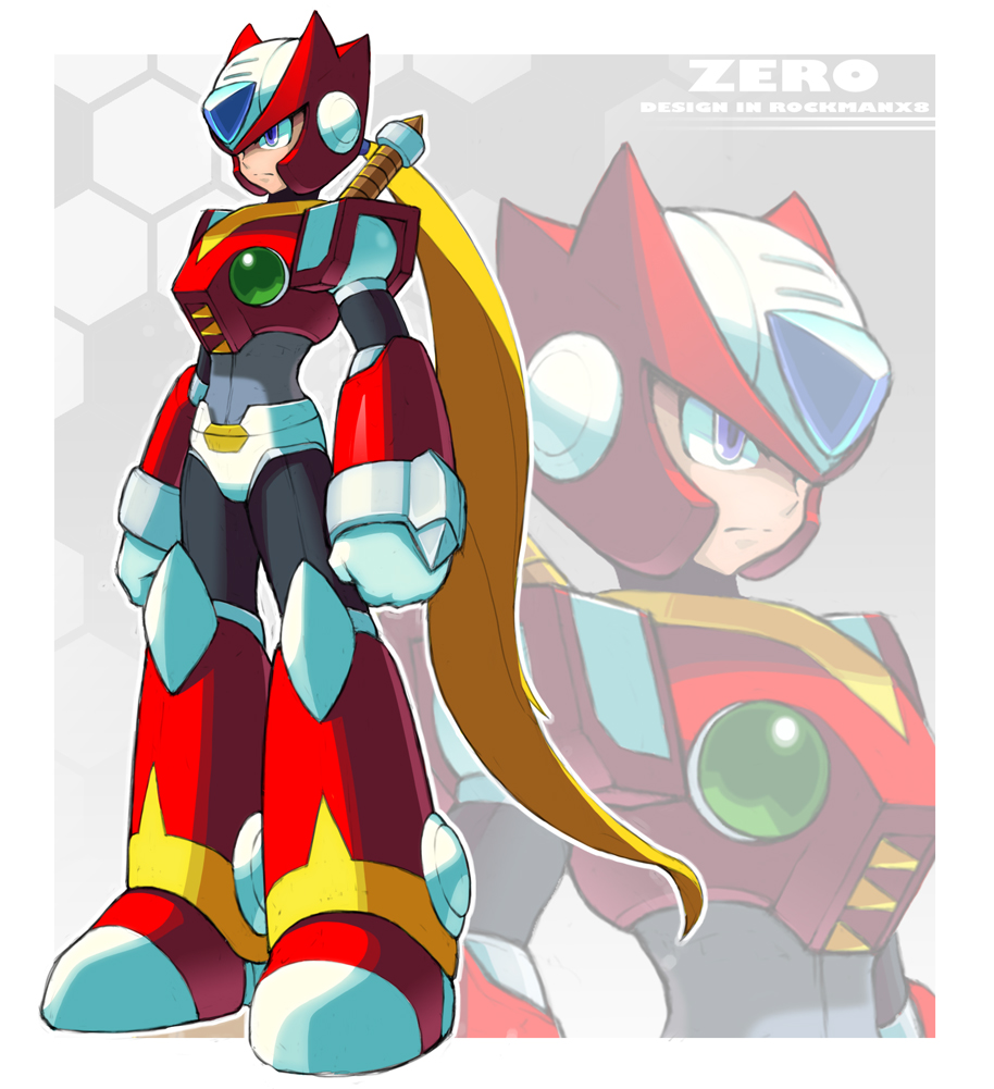 1boy android blonde_hair blue_eyes capcom character_name clenched_hand full_body gloves helmet long_hair male_focus ponytail power_armor rockman rockman_x solo standing white_gloves yuusuke_(5yusuke3) zero_(rockman) zoom_layer