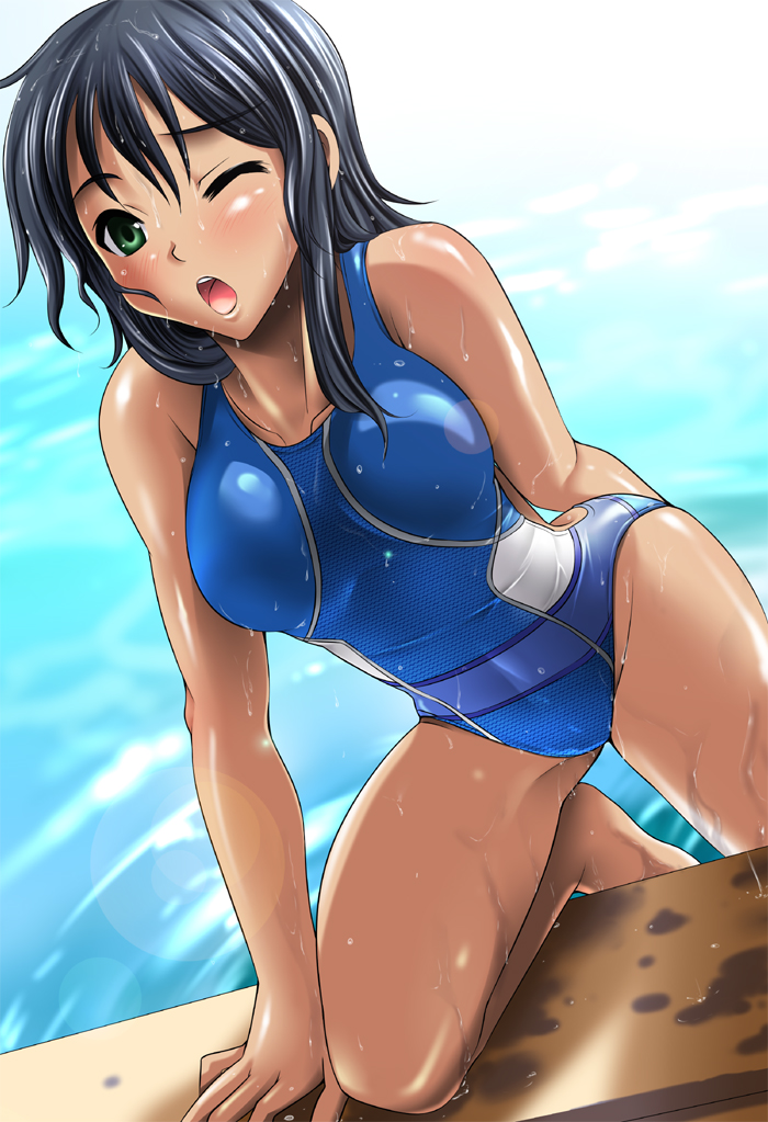 1girl bangs bare_legs bare_shoulders black_hair blue_swimsuit blush breasts competition_swimsuit covered_navel dark_skin day digdug006 eyebrows eyebrows_visible_through_hair green_eyes legs one-piece_swimsuit one_eye_closed open_mouth outdoors pool rial_diana solo swimsuit thighs water wet wet_clothes wet_swimsuit wrestle_angels wrestle_angels_survivor