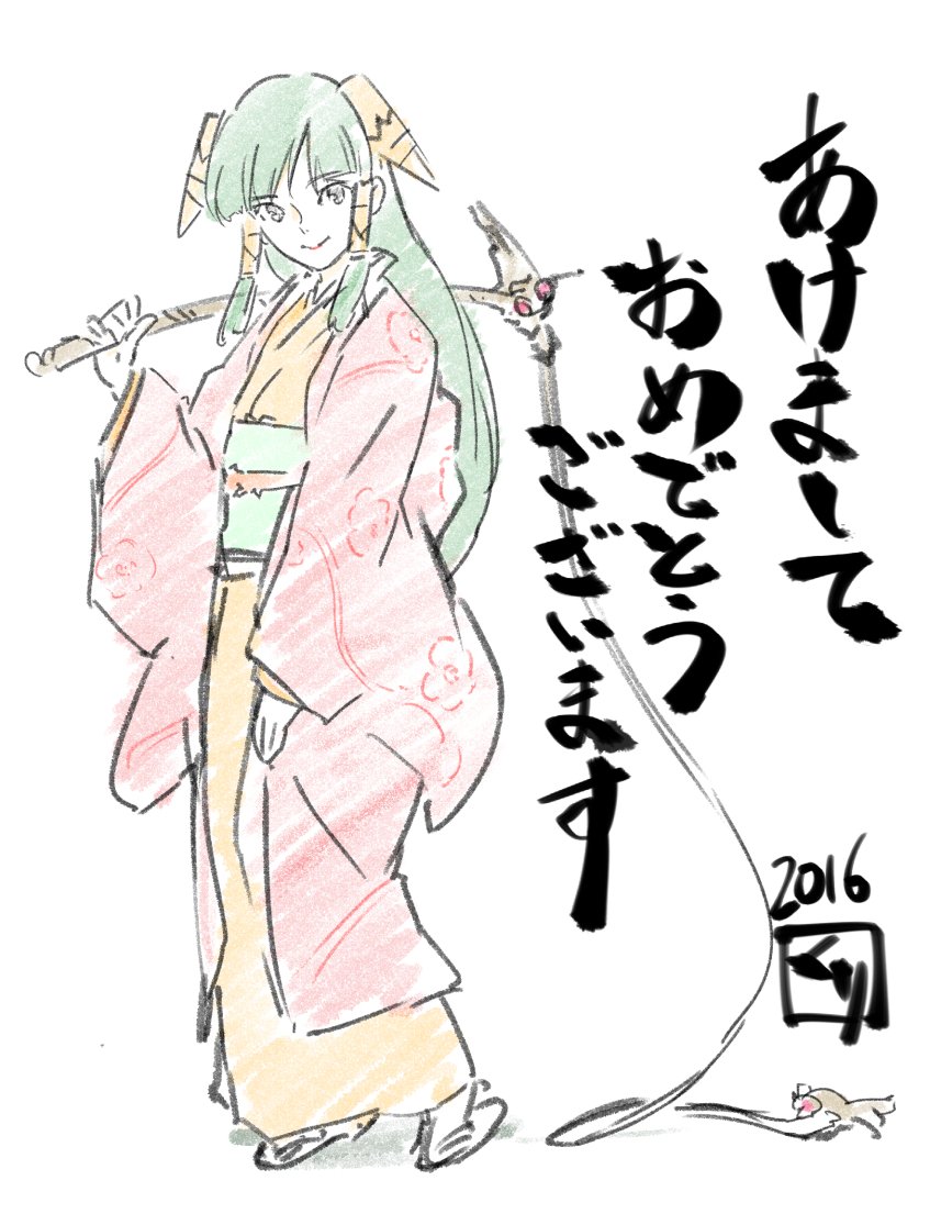 1girl 2016 closed_mouth feena_(grandia) full_body grandia grandia_i green_eyes green_hair hair_ornament hair_tubes holding holding_weapon holding_whip japanese_clothes kimono kurita_shin'ichi long_hair looking_at_viewer new_year simple_background smile solo weapon white_background wide_sleeves