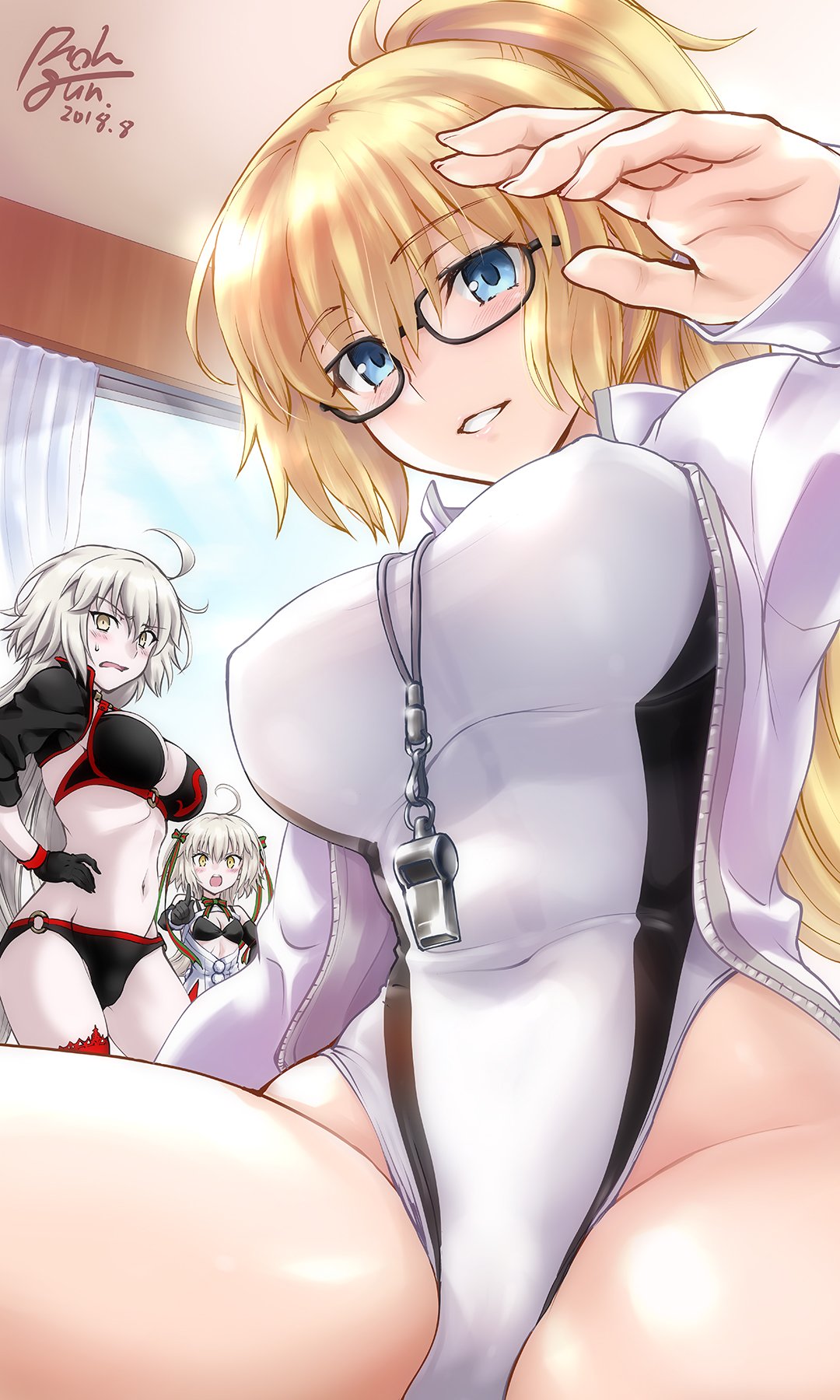 3girls alternate_hairstyle bangs bespectacled bikini black_bikini blue_eyes blue_jacket blush bow breasts cleavage competition_swimsuit covered_navel covered_nipples cropped_jacket dated embarrassed eyebrows_visible_through_hair fate/grand_order fate_(series) glasses hair_bow hairband high_ponytail highleg highleg_swimsuit highres hood hooded_jacket impossible_clothes indoors jacket jeanne_d'arc_(alter_swimsuit_berserker) jeanne_d'arc_(fate)_(all) jeanne_d'arc_(swimsuit_archer) jeanne_d'arc_alter_santa_lily large_breasts long_hair looking_at_viewer midriff multiple_girls navel one-piece_swimsuit open_mouth pale_skin parted_lips pointing ponytail rohgun signature silver_hair swimsuit very_long_hair wavy_mouth whistle white_swimsuit