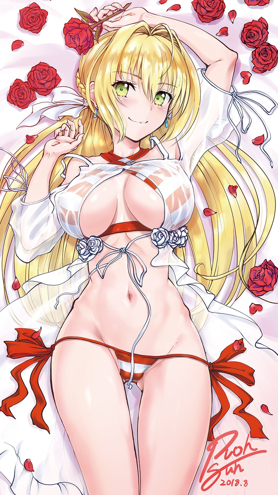 1girl ahoge armpits arms_up ass_visible_through_thighs bed_sheet bikini bracelet breasts commentary_request cowboy_shot criss-cross_halter dated earrings eyebrows_visible_through_hair fate/extra fate/grand_order fate_(series) flower from_above green_eyes groin hair_between_eyes hair_intakes halter_top halterneck highres horizontal_stripes jewelry large_breasts looking_at_viewer lowleg lowleg_bikini lying multicolored multicolored_bikini multicolored_clothes nero_claudius_(fate)_(all) nero_claudius_(swimsuit_caster)_(fate) on_back red_bikini red_flower red_rose rohgun rose shiny shiny_skin side-tie_bikini signature smile striped striped_bikini swimsuit thigh_gap thighs twintails untied white_flower white_rose