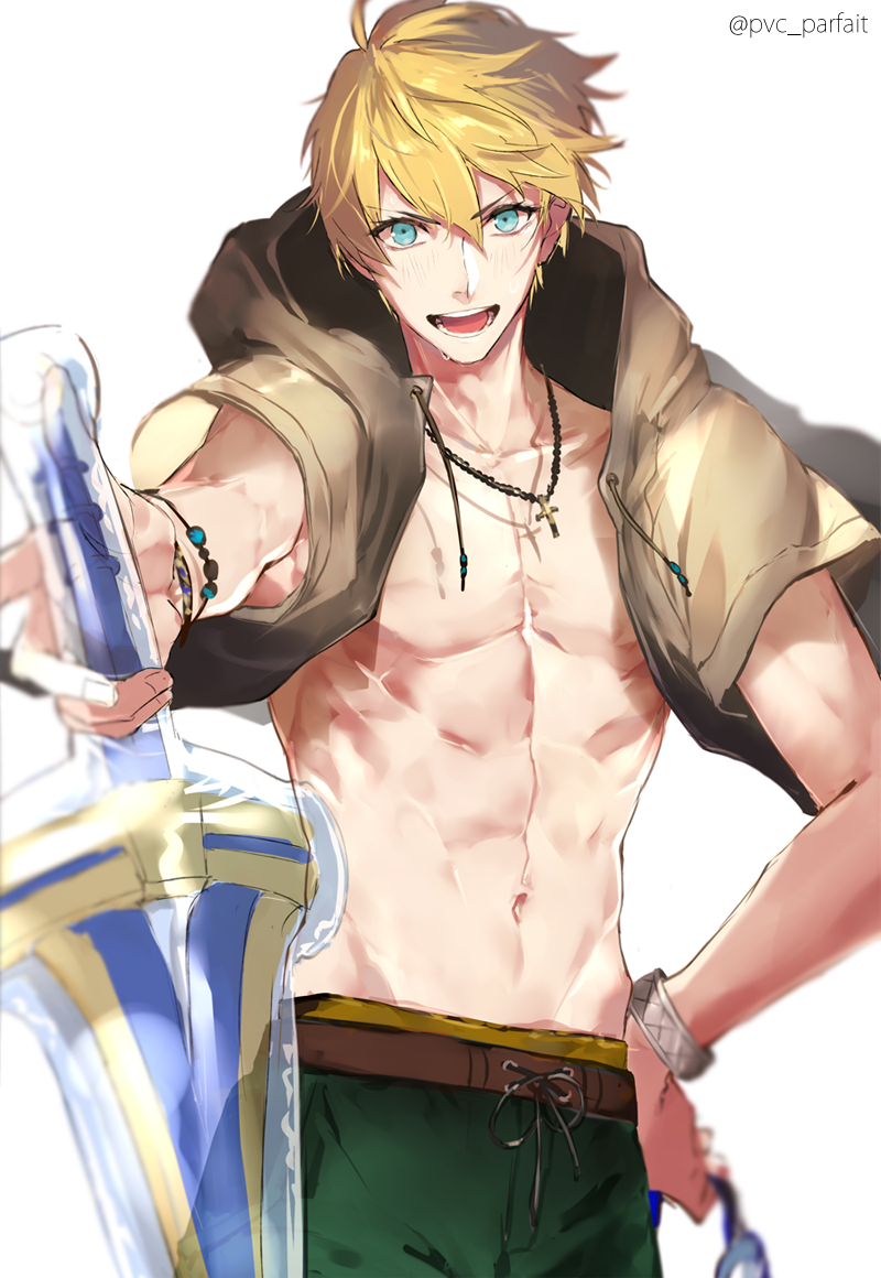 1boy abs arthur_pendragon_(fate) blonde_hair excalibur_(fate/prototype) fate/prototype fate_(series) green_eyes jewelry looking_at_viewer male_focus navel necklace open_mouth pvc_parfait simple_background smile solo twitter_username weapon white_background