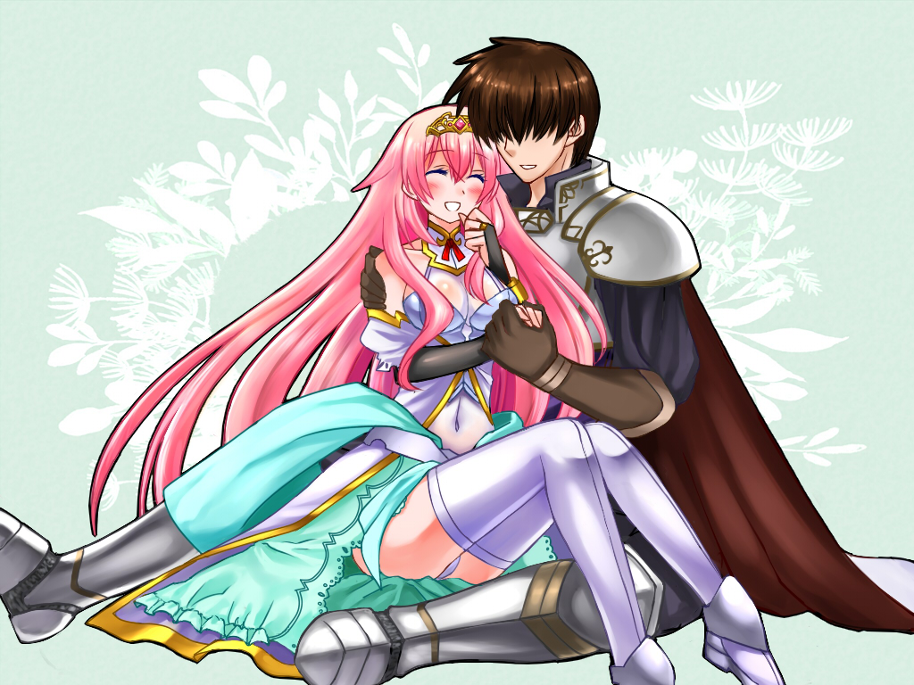 1boy 1girl 74 arm_warmers armor blue_background blush breasts brown_gloves cape closed_eyes covered_navel esther_(sennen_sensou_aigis) gloves grey_footwear hand_holding hand_on_another's_shoulder hetero long_hair medium_breasts pink_hair prince_(sennen_sensou_aigis) sennen_sensou_aigis sitting tiara very_long_hair white_footwear white_legwear