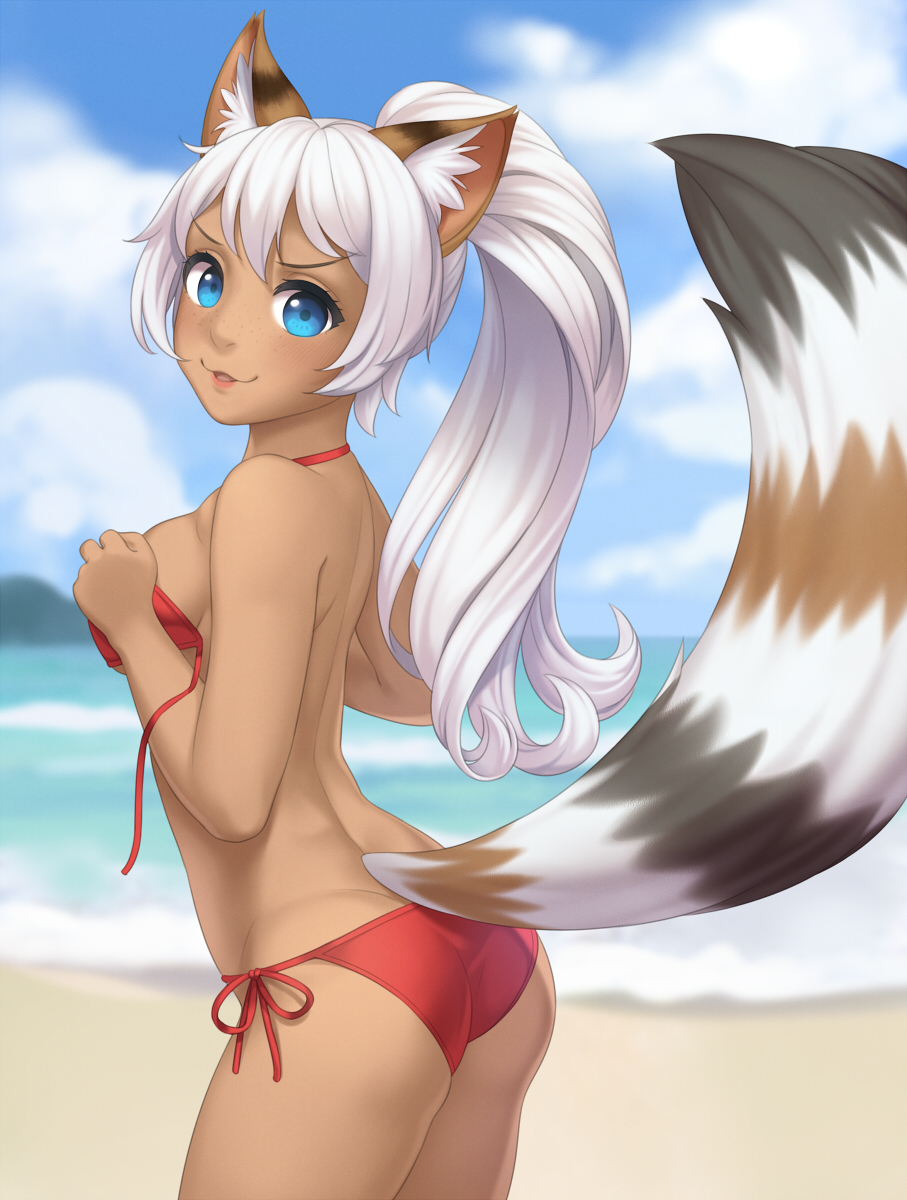 1girl :3 animal_ears ass bangs beach bikini blue_eyes breasts cat_ears cat_tail cristalavi day freckles from_side highres long_hair looking_at_viewer looking_back medium_breasts original outdoors parted_lips ponytail red_bikini side-tie_bikini solo string_bikini swimsuit tail untied untied_bikini white_hair