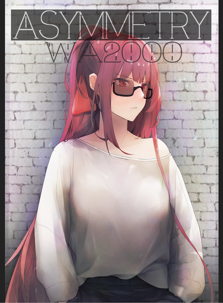 1girl alternate_costume alternate_hairstyle baggy_clothes bangs blouse blush breasts character_name closed_mouth eyebrows_visible_through_hair girls_frontline hair_ribbon hands_in_pockets highres large_breasts long_hair looking_away pants ponytail purple_hair r_dancer red_eyes red_ribbon ribbon semi-rimless_eyewear sidelocks solo sunglasses very_long_hair wa2000_(girls_frontline) white_blouse