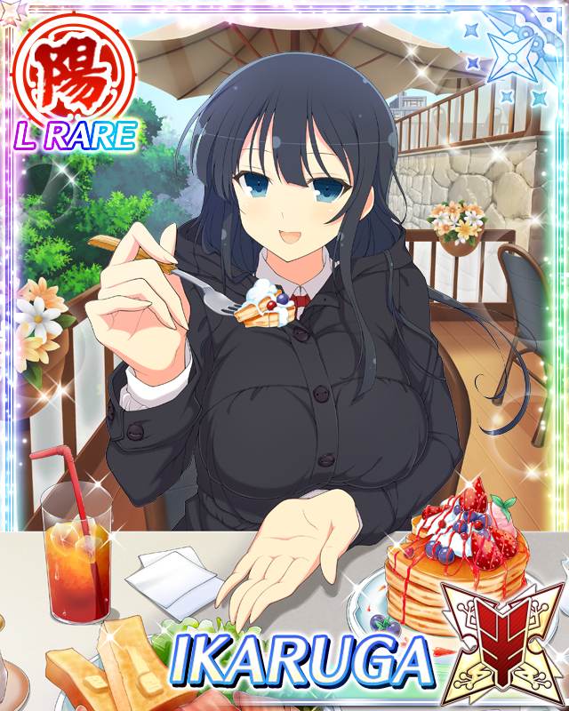 1girl :d black_hair blue_eyes breasts cake card_(medium) character_name cup day drinking_glass drinking_straw flower food fork ice ice_cube ikaruga_(senran_kagura) large_breasts long_hair looking_at_viewer official_art open_mouth pov_across_table senran_kagura senran_kagura_new_wave sitting smile solo table trading_card yaegashi_nan