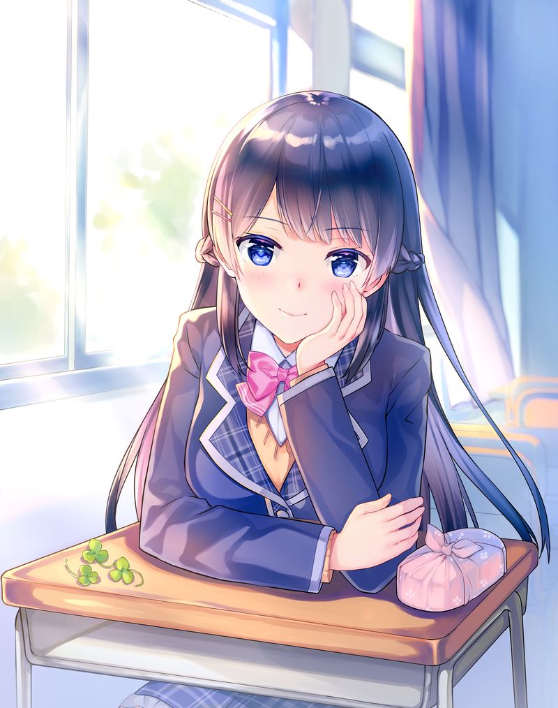 1girl blue_skirt bow bowtie braid chin_rest classroom closed_mouth clover collared_shirt commentary_request curtains day desk french_braid furoshiki hair_ornament hairclip hand_on_own_cheek indoors jacket light_rays long_hair long_sleeves looking_at_viewer nijisanji obentou pink_neckwear purple_hair purple_jacket rei_(rei's_room) school_desk shirt sitting skirt smile solo tsukino_mito vest violet_eyes virtual_youtuber white_shirt window wing_collar wrapped_obentou