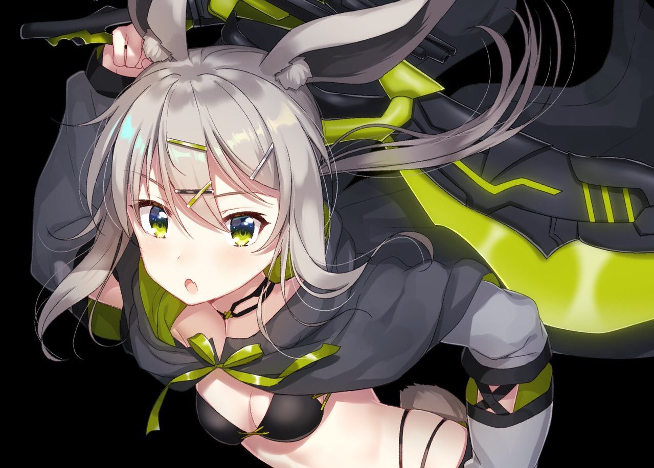 1girl animal_ears black_background black_bra black_panties bra breasts bunny_girl bunny_tail commentary_request copyright_request detached_sleeves fang green_eyes grey_hair hair_ornament hairclip hand_up holding holding_weapon huge_weapon ichiren_namiro long_hair long_sleeves looking_at_viewer multi-strapped_panties panties parted_lips rabbit_ears simple_background small_breasts solo tail underwear weapon x_hair_ornament