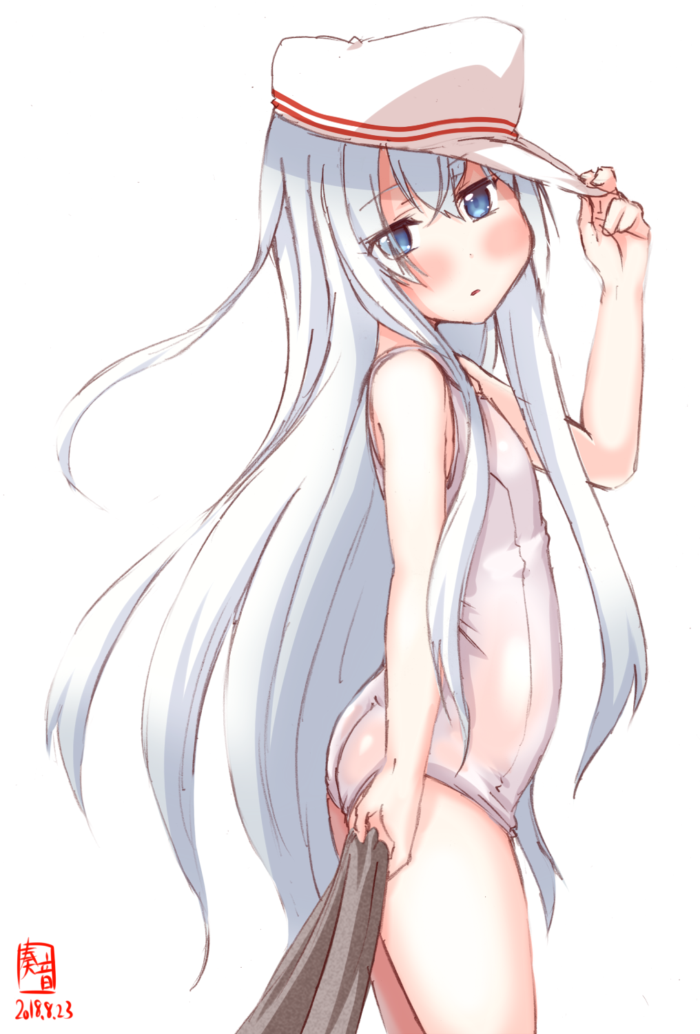 1girl artist_logo ass blue_eyes commentary_request cowboy_shot dated flat_cap hammer_and_sickle hat hibiki_(kantai_collection) highres kanon_(kurogane_knights) kantai_collection long_hair looking_at_viewer school_swimsuit silver_hair simple_background solo swimsuit verniy_(kantai_collection) white_background white_hat white_school_swimsuit white_swimsuit
