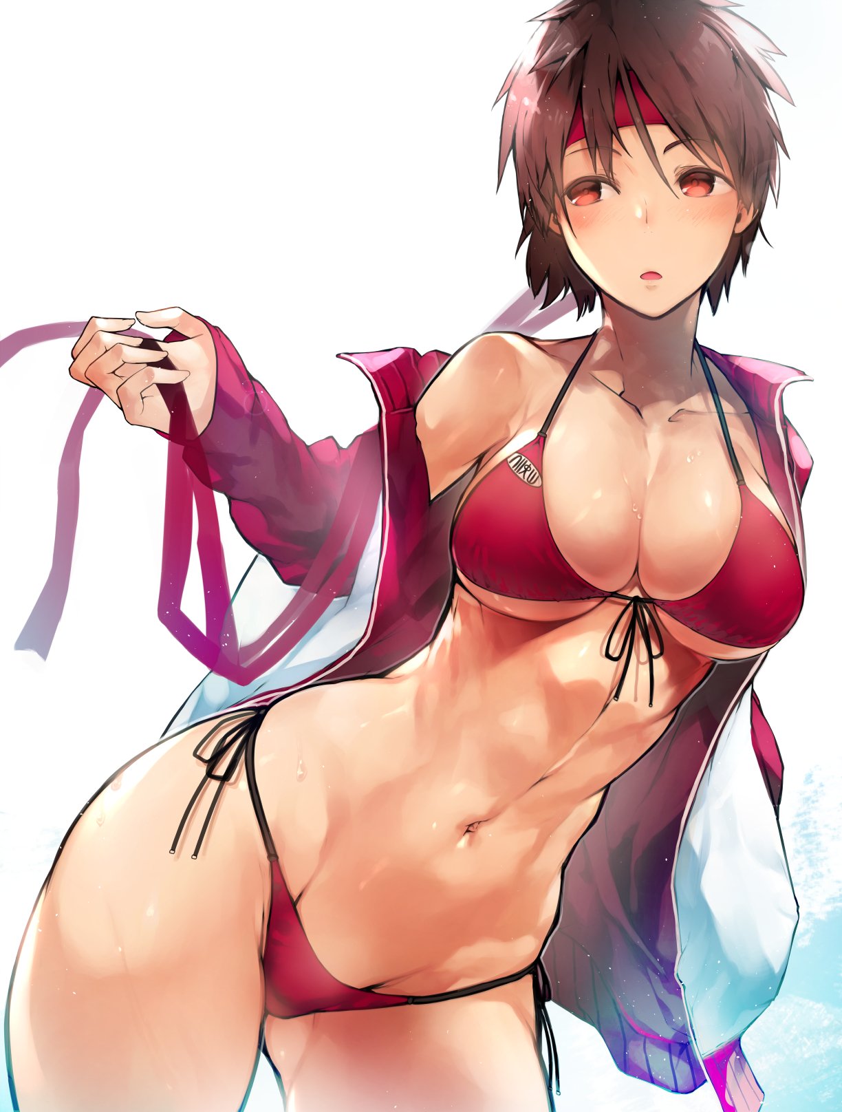 bangs bikini breasts brown_hair capcom collarbone commentary cowboy_shot eyebrows_visible_through_hair eyes hair_between_eyes hairband highres jacket kasugano_sakura large_breasts navel nishiide_kengorou open_clothes open_jacket open_mouth red red_bikini red_hairband short_hair street_fighter swimsuit white_background white_jacket