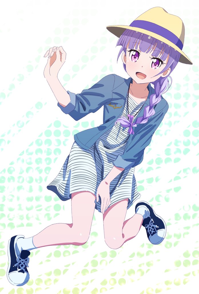 1girl :d bangs blue_jacket blue_ribbon blunt_bangs braid collarbone dress full_body hair_over_shoulder hair_ribbon hat hat_ribbon jacket jewelry long_hair looking_at_viewer necklace new_game! open_clothes open_jacket open_mouth pink_eyes pink_ribbon pink_x purple_hair ribbon shiny shiny_hair shoes short_dress side_braid single_braid smile sneakers socks solo striped striped_dress sun_hat suzukaze_aoba white_background white_legwear yellow_hat