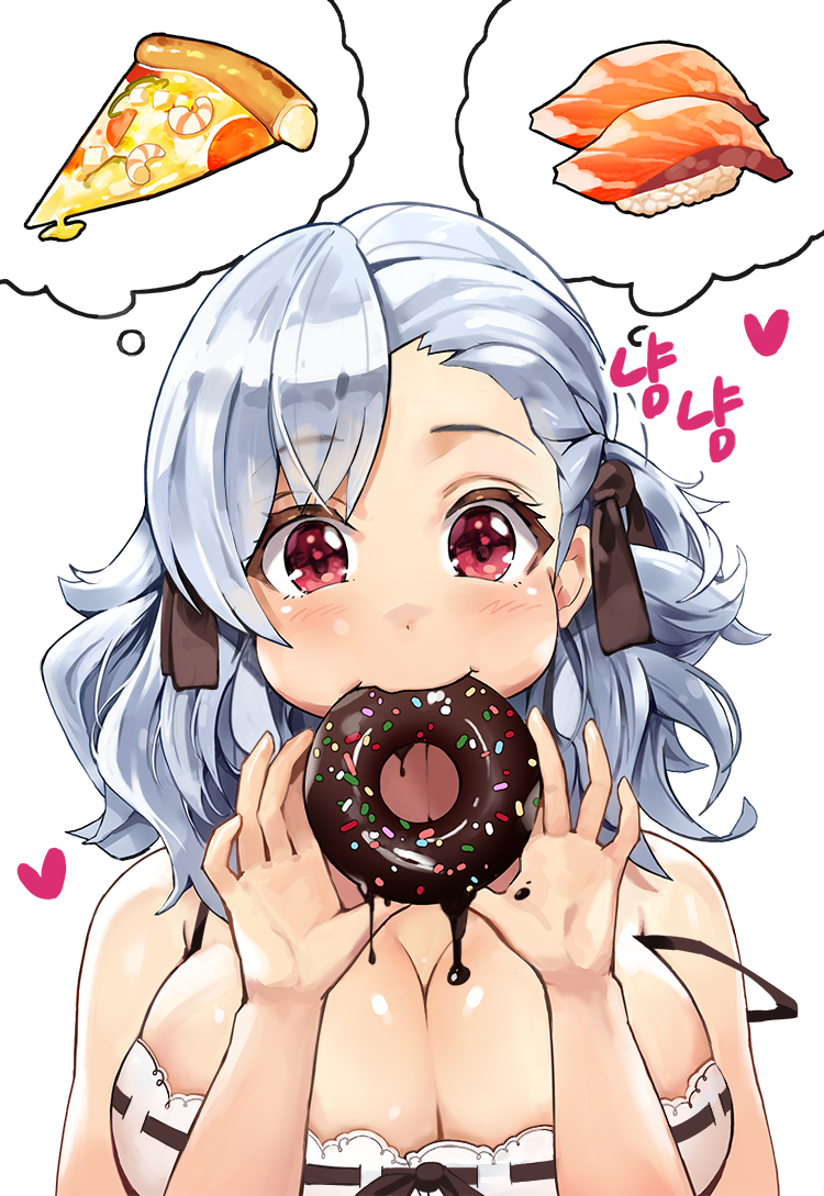 1girl asymmetrical_bangs bangs bare_arms bare_shoulders blush breasts chocolate_doughnut cleavage commentary_request doughnut dress eating eto_(nistavilo2) eyebrows_visible_through_hair food girls_frontline head_tilt holding holding_food korean large_breasts long_hair pizza red_eyes ribbon-trimmed_dress ribbon_trim silver_hair simple_background slice_of_pizza solo spas-12_(girls_frontline) strap_slip sushi translation_request white_background white_dress