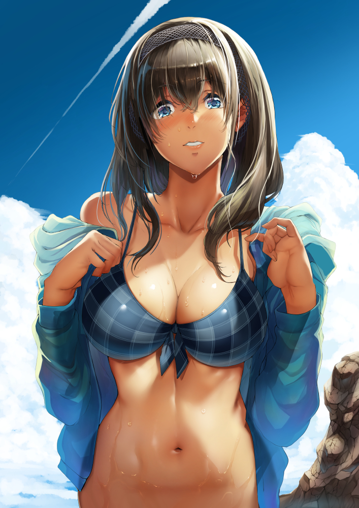 1girl bikini black_hair blue_eyes blue_sky blush breasts cleavage clouds day idolmaster idolmaster_cinderella_girls large_breasts lips long_hair looking_at_viewer navel nohito outdoors parted_lips sagisawa_fumika shiny shiny_hair shiny_skin sky solo standing swimsuit upper_body wet