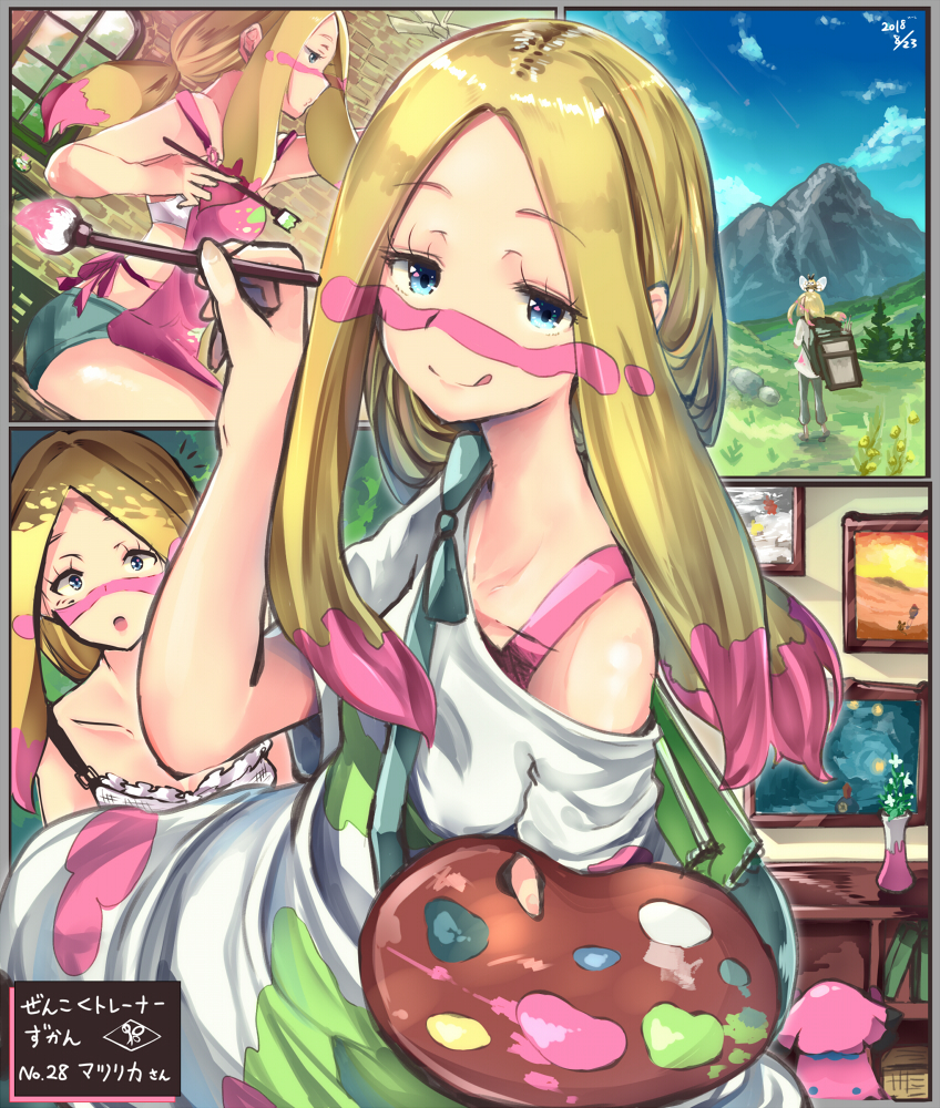 apron blonde_hair blue_eyes bra creatures_(company) e-co game_freak gen_2_pokemon gen_7_pokemon matsurika_(pokemon) nintendo paintbrush painting_(object) pokemon pokemon_(game) pokemon_sm ribombee snubbull underwear