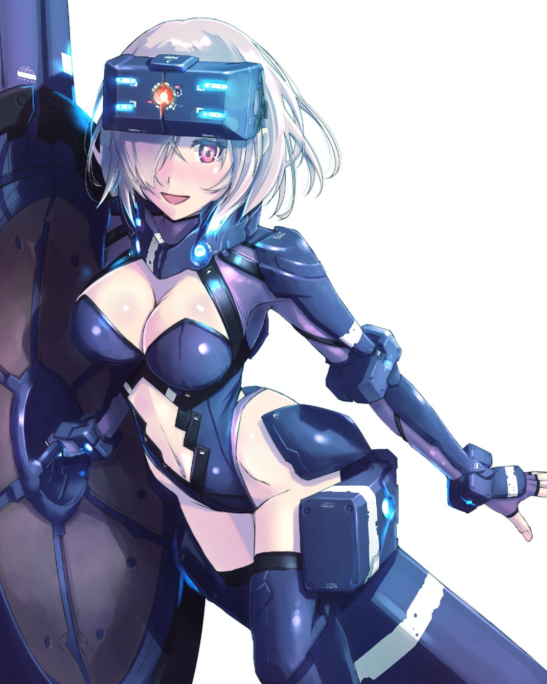 1girl :d adapted_costume armor blush boots breasts cleavage commentary_request fate/grand_order fate_(series) fingerless_gloves gloves groin hair_over_one_eye highres holding_shield large_breasts leotard looking_at_viewer mash_kyrielight midriff navel navel_cutout nenchi open_mouth purple_footwear purple_gloves purple_leotard red_eyes shield shiny shiny_skin short_hair silver_hair simple_background smile solo standing thigh-highs thigh_boots white_background