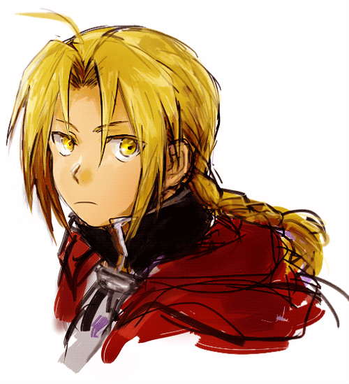 1boy antenna_hair blonde_hair braid close-up coat commentary_request edward_elric expressionless eyebrows_visible_through_hair fullmetal_alchemist looking_away male_focus red_coat simple_background tsukuda0310 upper_body white_background yellow_eyes