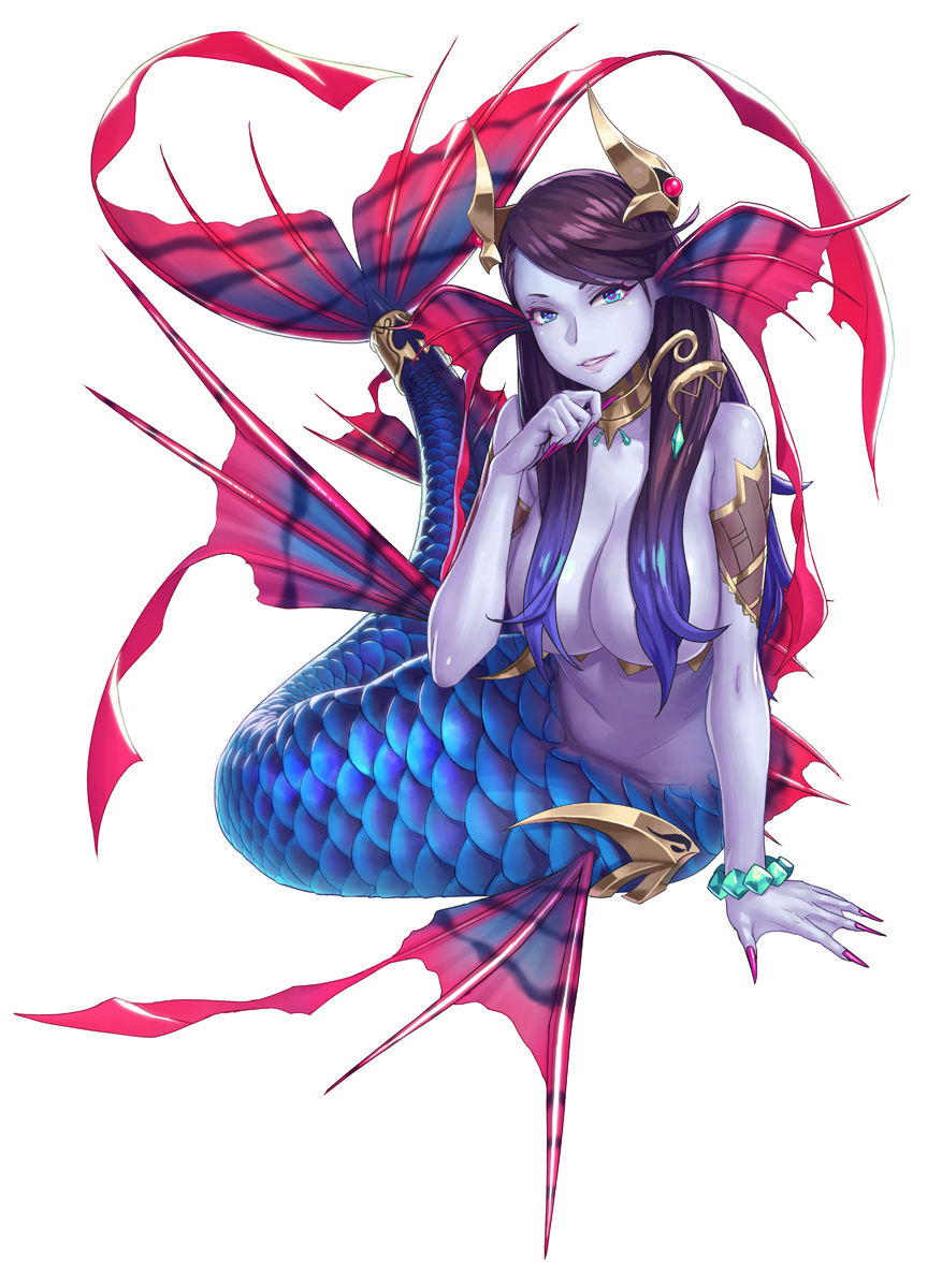 1girl blue_eyes bracelet breasts fingernails full_body gradient_hair hair_censor hand_on_own_chin head_fins headpiece highres jewelry large_breasts long_fingernails looking_at_viewer marlene_(taimanin_asagi) mermaid monster_girl multicolored_hair nail_polish navel nude parted_lips pink_nails purple_hair simple_background sitting smile solo taimanin_(series) taimanin_asagi taimanin_asagi_battle_arena violet_eyes webbed_hands white_background yuuji_(and)