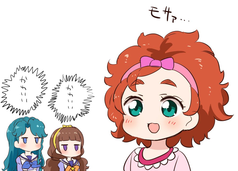 3girls :d amanogawa_kirara bangs blue_bow blue_eyes blue_neckwear blunt_bangs blush bow bowtie brown_hair chibi commentary_request empty_eyes eyebrows_visible_through_hair go!_princess_precure green_eyes green_hair hair_bow hairband haruno_haruka jitome kaidou_minami kurokawa_makoto long_hair long_sleeves looking_at_another low_twintails multiple_girls noble_academy_school_uniform open_mouth orange_bow orange_hair orange_neckwear parted_bangs pink_bow pink_hairband pink_shirt precure shiny shiny_hair shirt short_hair sidelocks simple_background smile star thick_eyebrows translated twintails upper_body violet_eyes white_background yellow_hairband