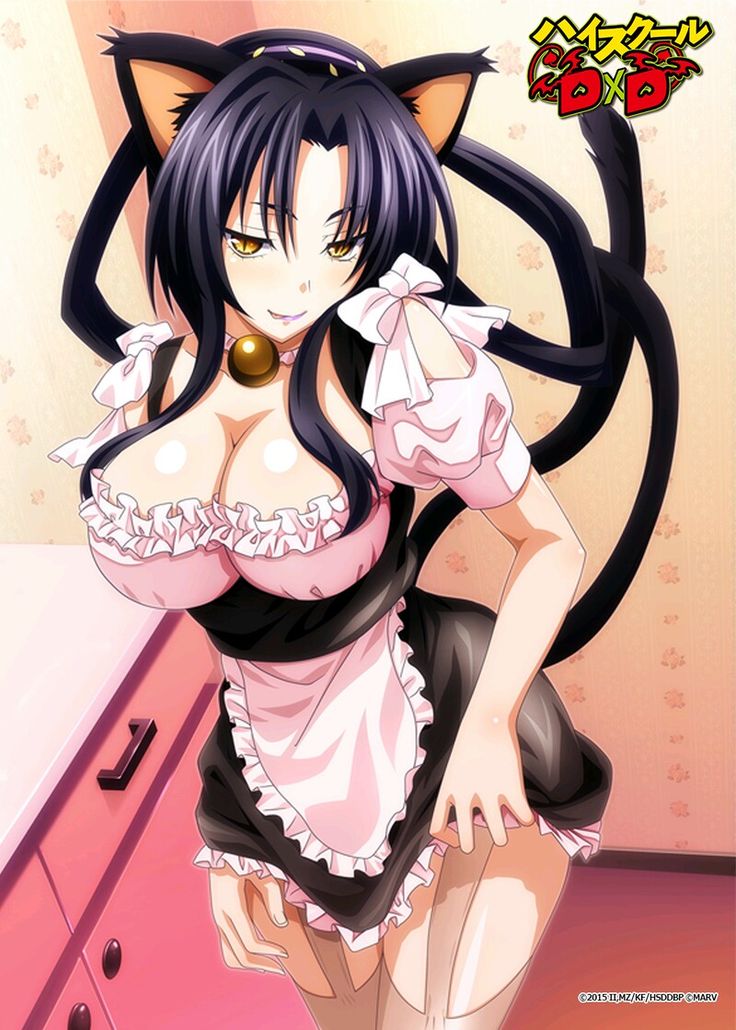 1girl 2015 animal_ears artist_request bell black_hair breasts cat_ears cat_tail cleavage company_name copyright_name cowboy_shot detached_collar detached_sleeves frills hair_rings hairband high_school_dxd high_school_dxd_born jingle_bell kuroka_(high_school_dxd) large_breasts lipstick makeup multiple_tails naughty_face official_art purple_lipstick seductive_smile slit_pupils smile solo tail tongue tongue_out yellow_eyes