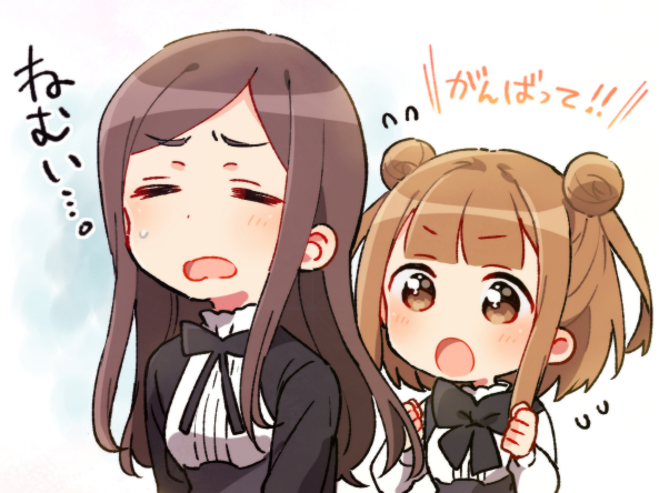 2girls :o bangs beatrice_(princess_principal) black_bow black_dress black_jacket blush bow brown_eyes brown_hair closed_eyes dorothy_(princess_principal) double_bun dress eyebrows_visible_through_hair flying_sweatdrops hands_up jacket multiple_girls open_mouth princess_principal school_uniform shirt side_bun sorimachi-doufu translated white_shirt