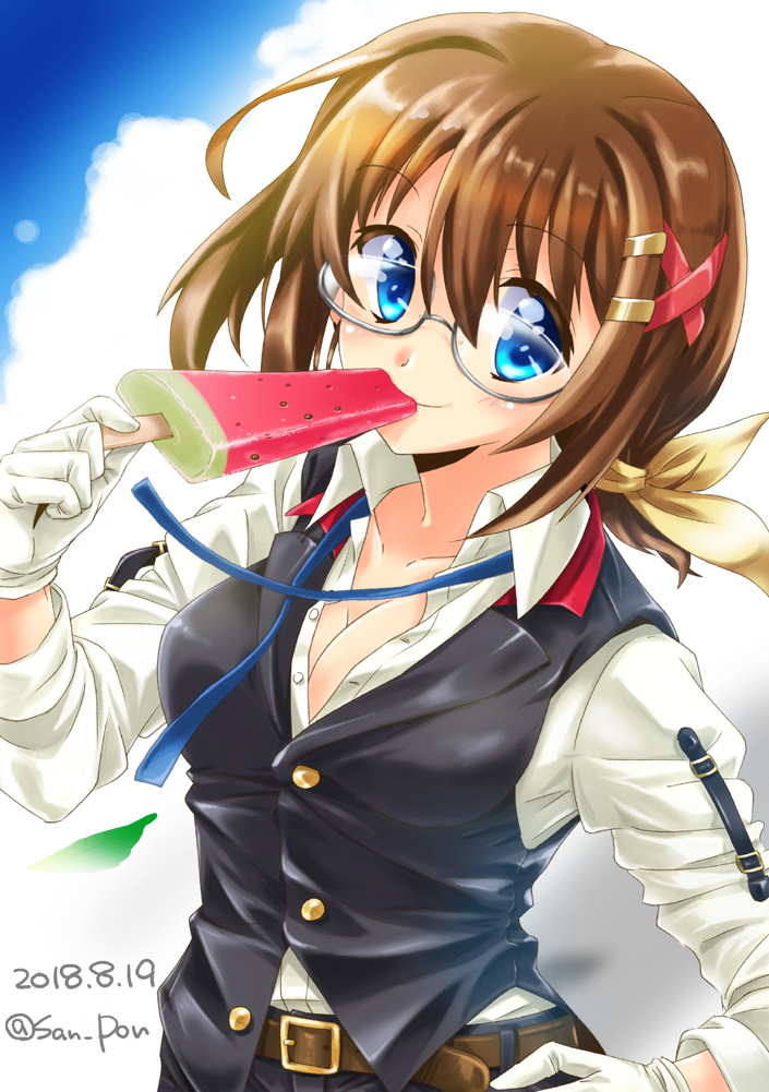 1girl bangs bespectacled black_vest blue_eyes blue_neckwear breasts brown_belt brown_hair cleavage closed_mouth clouds cloudy_sky dated dress_shirt eating eyebrows_visible_through_hair food glasses gloves hair_ornament hair_ribbon hairclip hand_on_hip holding holding_food long_hair looking_at_viewer lyrical_nanoha mahou_shoujo_lyrical_nanoha_vivid medium_skirt neck_ribbon outdoors popsicle ribbon san-pon semi-rimless_eyewear shirt short_hair silver-framed_eyewear sky smile solo standing twitter_username unbuttoned unbuttoned_shirt under-rim_eyewear untied upper_body vest watermelon_bar white_gloves white_shirt x_hair_ornament yagami_hayate yellow_ribbon