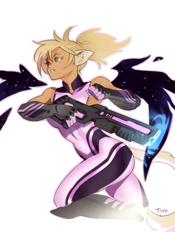 1girl black_footwear blonde_hair bodysuit boots copyright_request from_side green_eyes gun holding holding_gun holding_weapon knee_boots parted_lips pointy_ears ponytail purple_bodysuit rifle running signature simple_background solo tail typo_(requiemdusk) weapon white_background wings