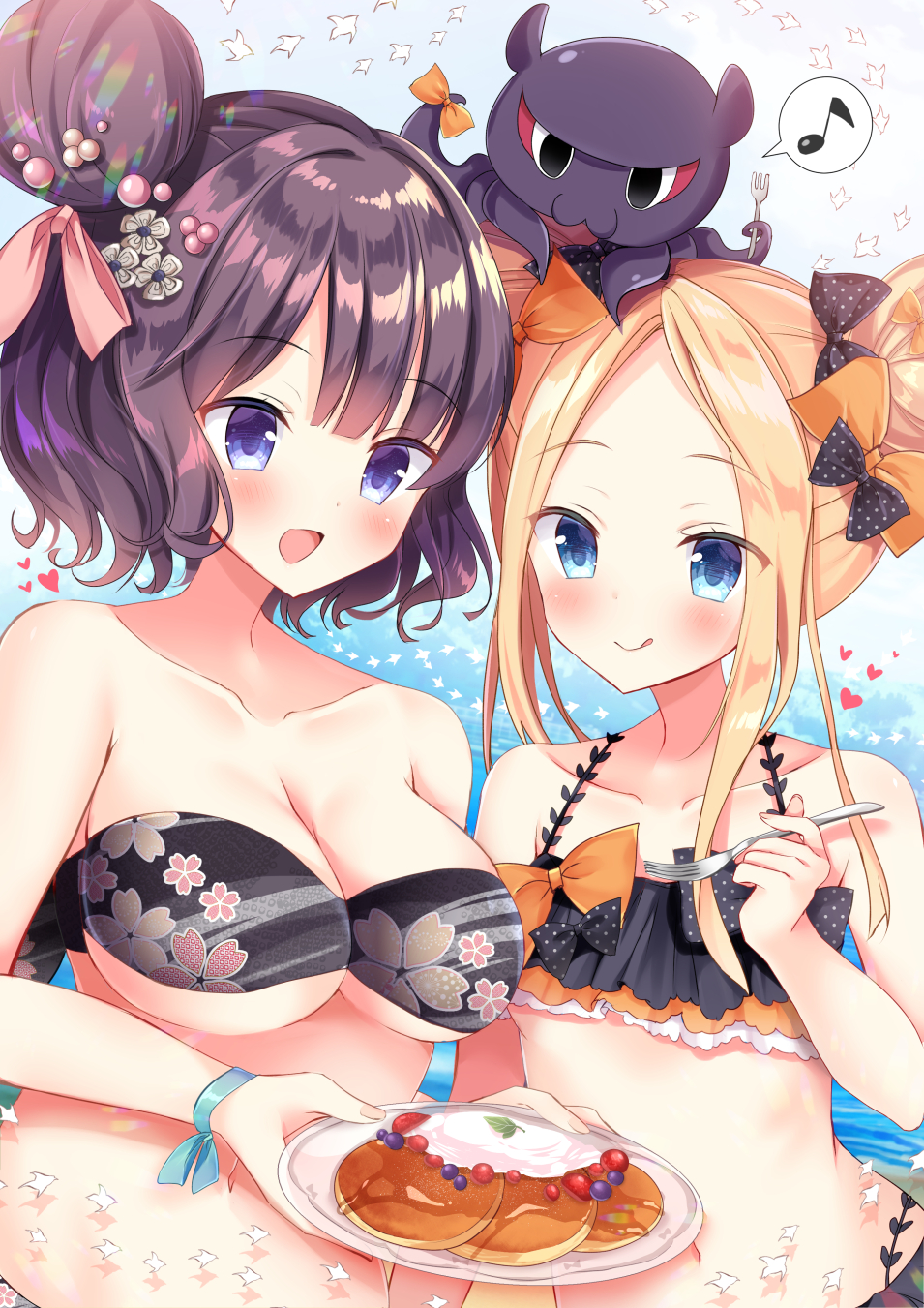 2girls :d :q abigail_williams_(fate/grand_order) bangs bare_shoulders bikini black_bikini black_bow blonde_hair blush bow breasts cleavage closed_mouth collarbone commentary day double_bun eighth_note emerald_float fate/grand_order fate_(series) fingernails food fork hair_bow heart highres holding holding_fork holding_plate katsushika_hokusai_(fate/grand_order) large_breasts long_hair masayo_(gin_no_ame) multiple_girls musical_note navel open_mouth orange_bow outdoors painting_summer pancake parted_bangs plate polka_dot polka_dot_bow purple_hair side_bun sidelocks smile spoken_musical_note swimsuit tokitarou_(fate/grand_order) tongue tongue_out unmoving_pattern violet_eyes water