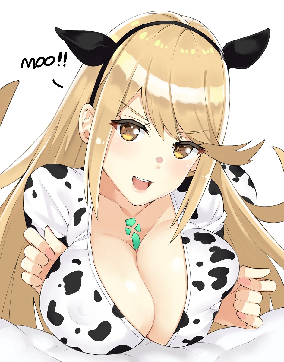 1girl animal_print blonde_hair blush breasts cleavage cow_print highres mythra_(xenoblade) horn j@ck large_breasts long_hair looking_at_viewer solo xenoblade_(series) xenoblade_2 yellow_eyes