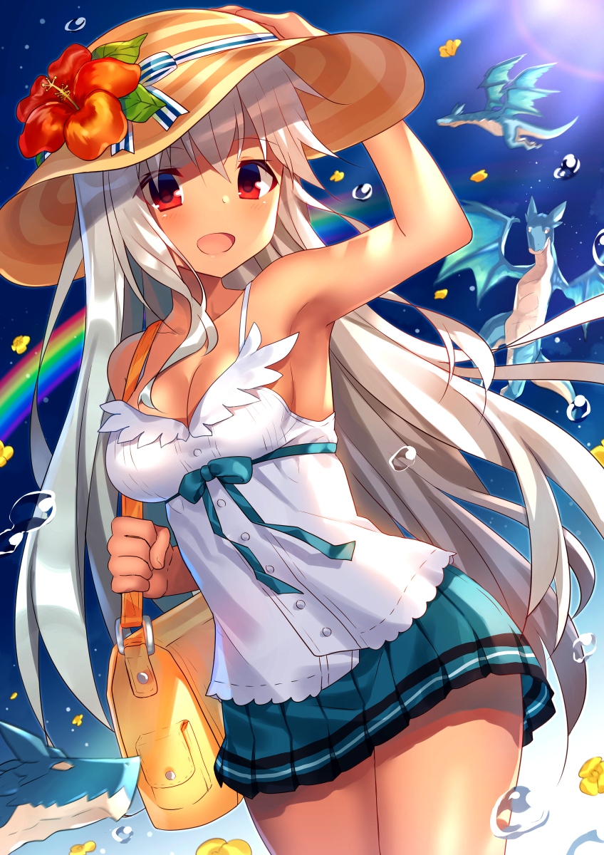 1girl bangs bare_thighs blue_miniskirt blue_skirt blush breasts craytm dark_skin eyebrows_visible_through_hair granblue_fantasy hand_on_hat hat highres legs legs_together long_bangs long_hair looking_at_viewer medium_breasts miniskirt open_eyes open_mouth red_eyes skirt solo thighs white_hair zooey_(granblue_fantasy)