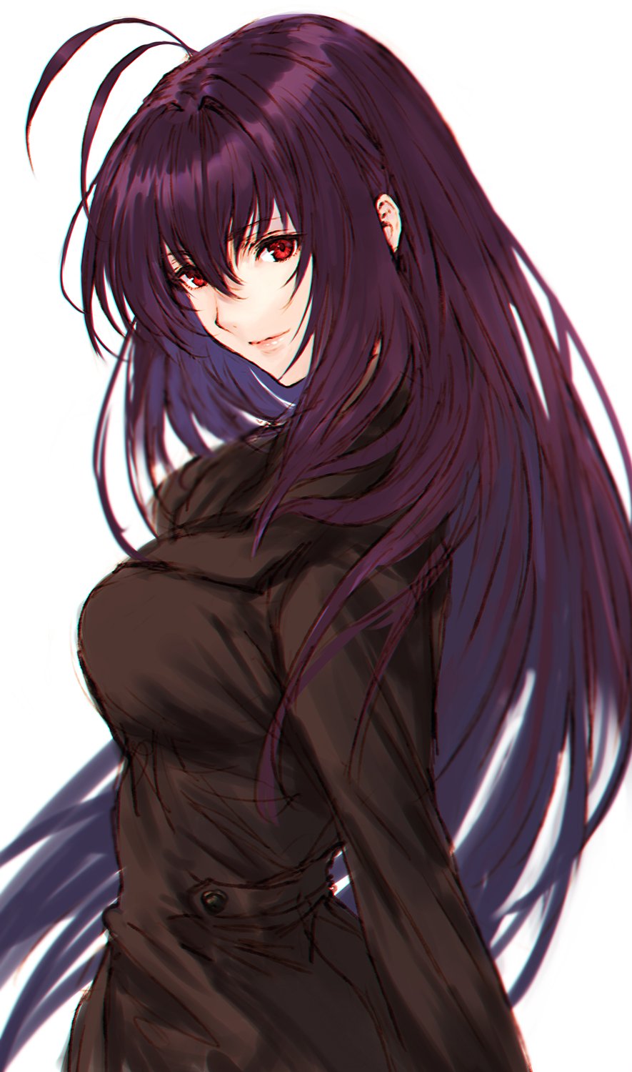 1girl antenna_hair bangs breasts closed_mouth fate/grand_order fate_(series) highres lips long_hair long_sleeves looking_at_viewer looking_back makimura_shunsuke medium_breasts purple_hair red_eyes scathach_(fate)_(all) scathach_(fate/grand_order) sidelocks simple_background smile upper_body white_background