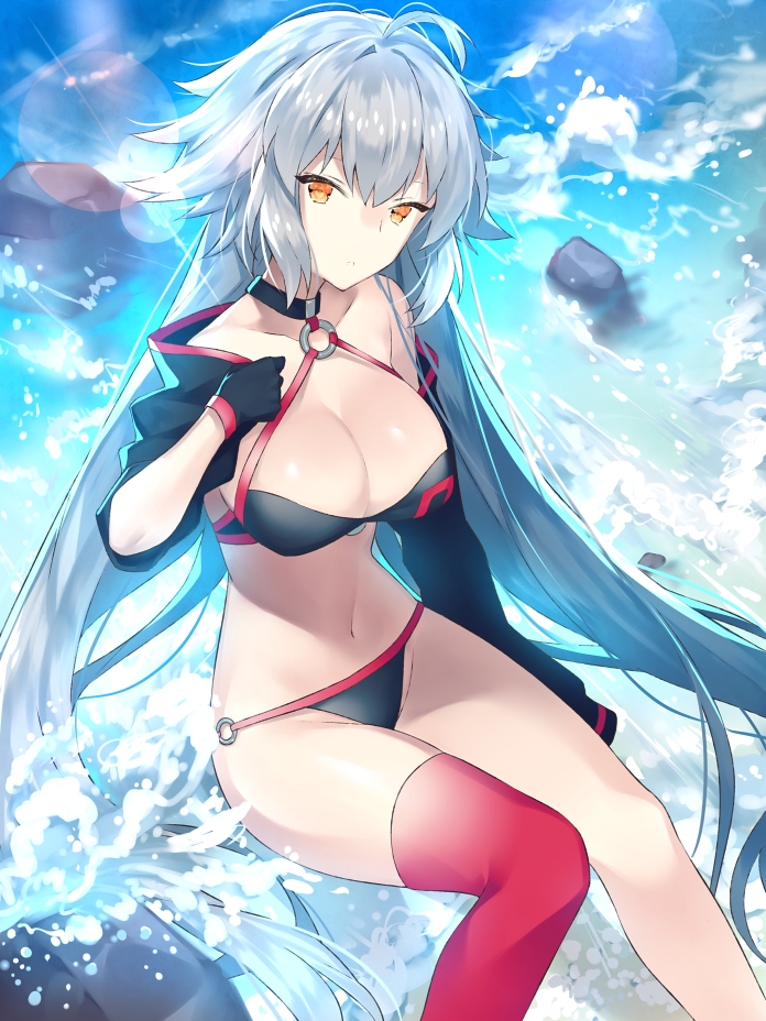 1girl ahoge asymmetrical_legwear bangs bare_shoulders bikini black_bikini black_choker black_gloves black_jacket breasts brown_eyes choker cleavage collarbone commentary day eyebrows_visible_through_hair fate/grand_order fate_(series) gloves hair_between_eyes jacket jeanne_d'arc_(alter_swimsuit_berserker) jeanne_d'arc_(fate)_(all) large_breasts long_hair long_sleeves o-ring o-ring_bikini o-ring_bottom o-ring_top outdoors red_legwear rock silver_hair single_thighhigh sitting solo swimsuit symbol_commentary thigh-highs touwa_nikuman very_long_hair water