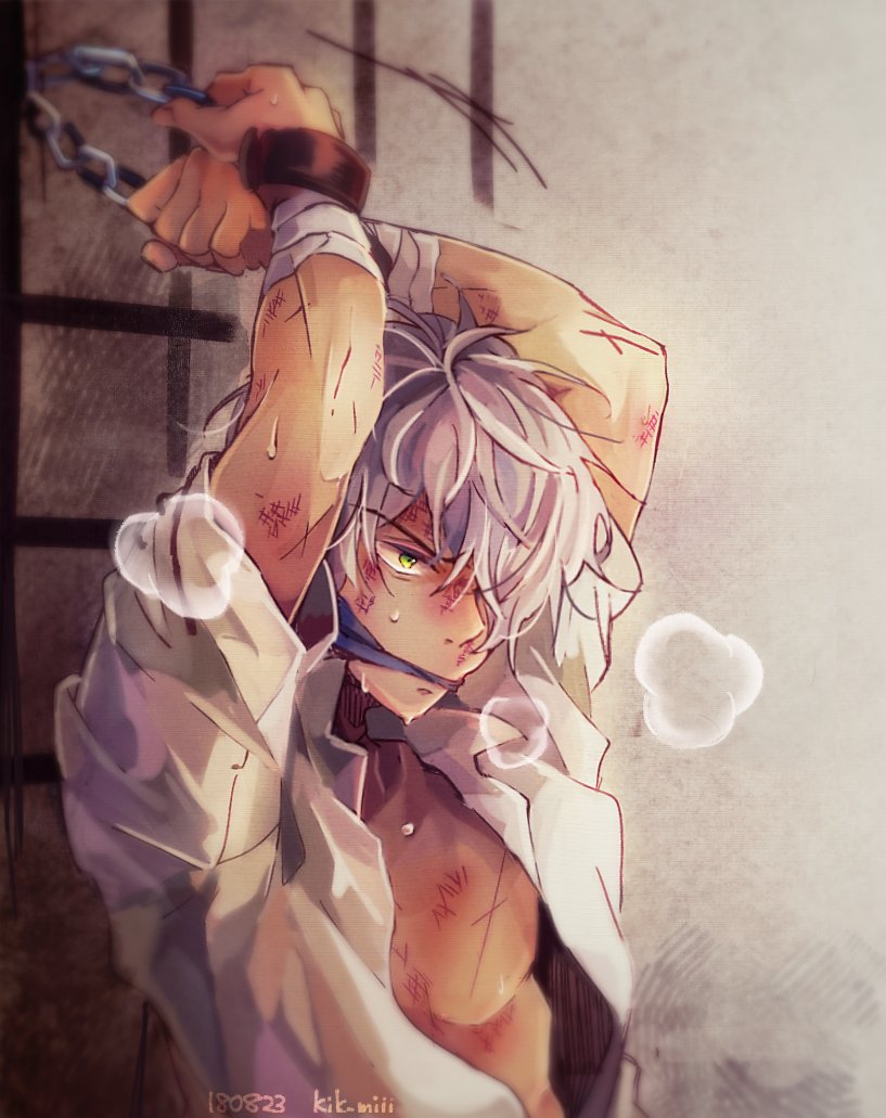 1boy chains chest gloves hair_over_one_eye jewelry kik_miii long_hair male_focus octopath_traveler short_hair simple_background smile solo therion_(octopath_traveler) white_hair