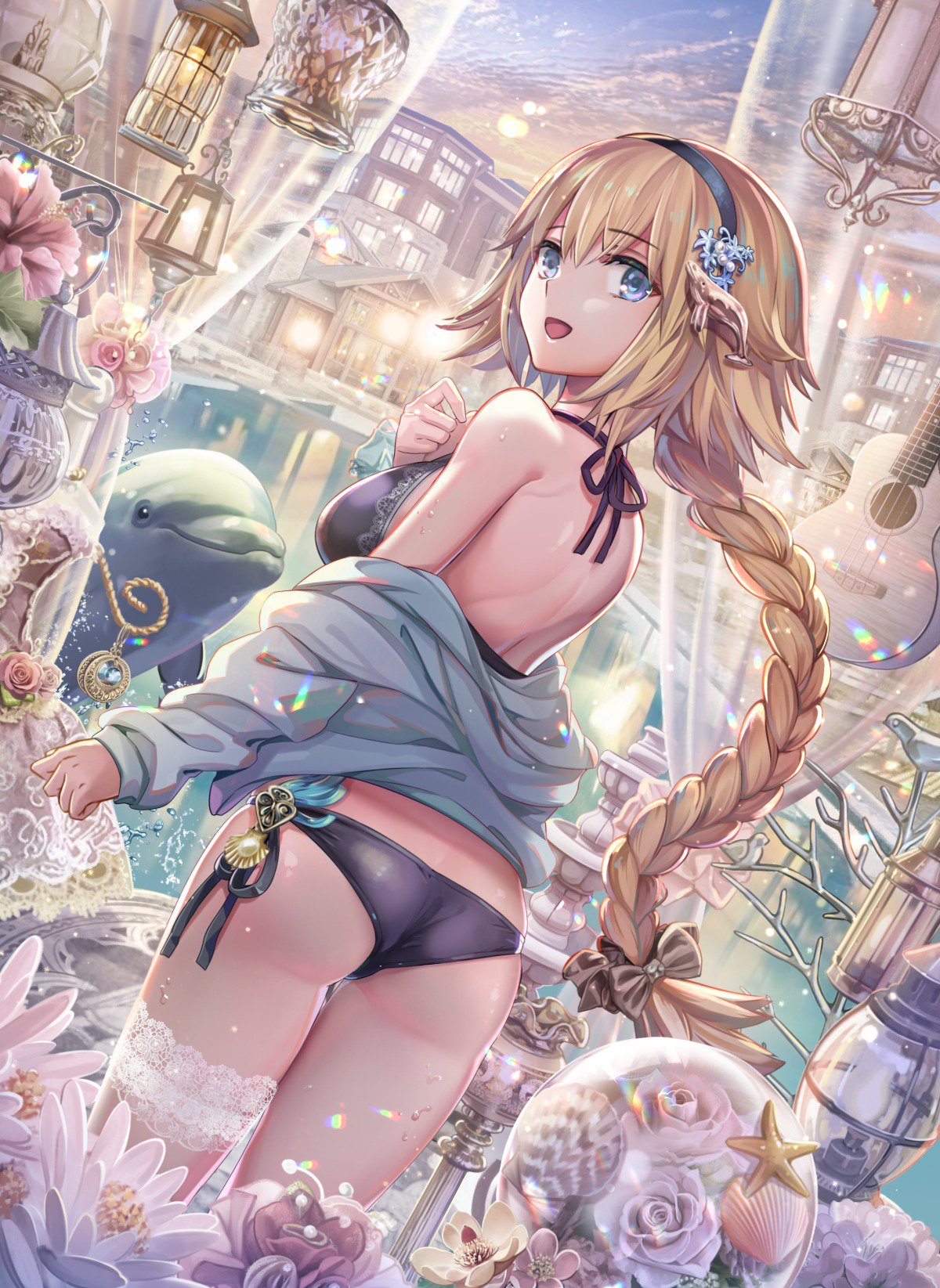 1girl bangs bikini black_bikini blonde_hair blue_eyes blue_hoodie blue_jacket braid breasts building clouds cloudy_sky commentary curtains dolphin dutch_angle eyebrows_visible_through_hair fate/grand_order fate_(series) flower guitar hair_between_eyes hair_ornament hairband highres hood hooded_jacket instrument jacket jeanne_d'arc_(fate)_(all) jeanne_d'arc_(swimsuit_archer) lamp large_breasts long_hair long_sleeves looking_at_viewer single_braid sky smile solo standing swimsuit torino_akua very_long_hair
