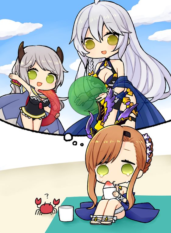 3girls arm_up ball bare_shoulders beachball bikini braid breasts brown_hair camieux chibi cleavage crab draph granblue_fantasy green_eyes grey_hair hair_ornament hair_up horns innertube lonely long_hair multiple_girls one-piece_swimsuit open_mouth panda_(azarashi_suki) sarong shaved_ice sidelocks silva_(granblue_fantasy) silver_hair single_braid sitting smile song_(granblue_fantasy) swimsuit tears yellow_eyes