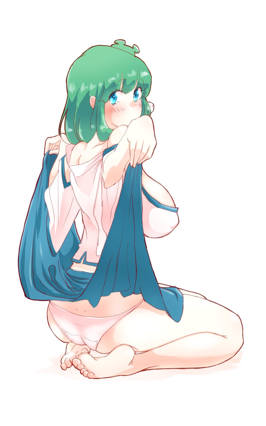 1girl ass bare_shoulders barefoot blue_eyes blush breasts cleavage commentary_request detached_sleeves dimples_of_venus dress dress_lift erect_nipples frog_hair_ornament green_hair hair_ornament highres kneeling kochiya_sanae large_breasts looking_at_viewer looking_back non_(z-art) off_shoulder panties puffy_nipples simple_background snake_hair_ornament touhou underwear white_background