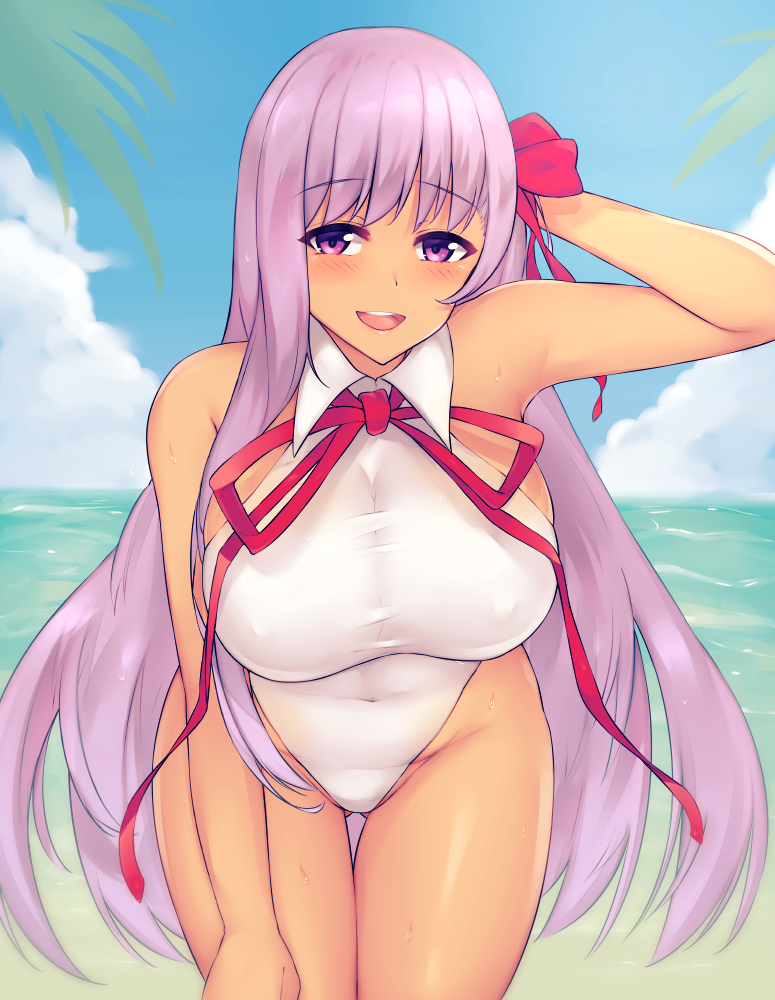 1girl bangs bare_shoulders bb_(fate)_(all) bb_(swimsuit_mooncancer)_(fate) beach blue_sky blush breasts covered_navel dark_skin fate/extra fate/extra_ccc fate/grand_order fate_(series) hair_ribbon hand_behind_head hips kuavera large_breasts leaning_forward leotard long_hair looking_at_viewer neck_ribbon ocean open_mouth purple_hair red_ribbon ribbon sky smile solo tan thighs very_long_hair violet_eyes white_leotard