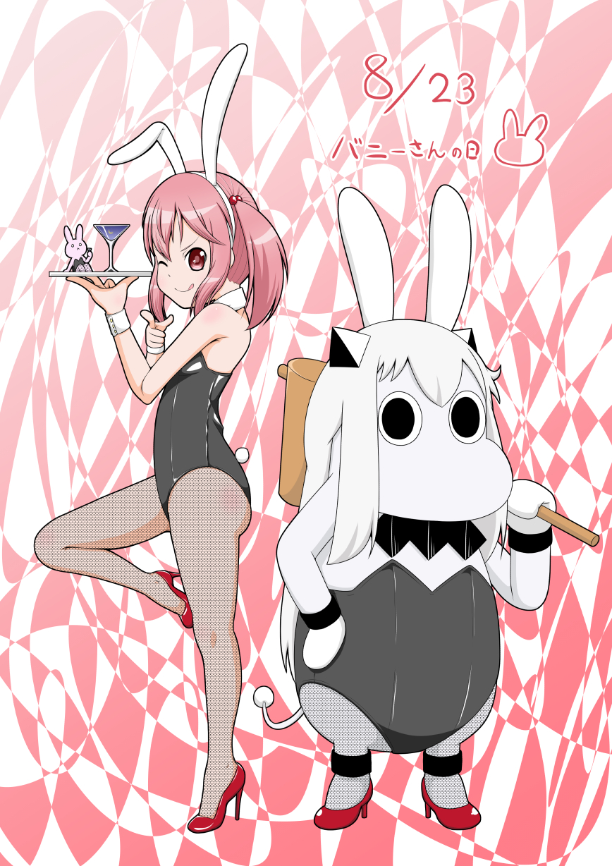 2girls animal_ears anklet bunnysuit cocktail_glass collar commentary_request cup dated drinking_glass fake_animal_ears finger_gun hair_between_eyes hair_bobbles hair_ornament hairband hand_on_hip high_heels highres holding holding_tray horns jewelry kantai_collection long_hair looking_at_viewer mallet moomin multiple_girls muppo one_eye_closed pantyhose pink_eyes pink_hair rabbit rabbit_ears sazanami_(kantai_collection) sazanami_konami shinkaisei-kan sidelocks smile tail tongue tongue_out translated tray twintails white_hair