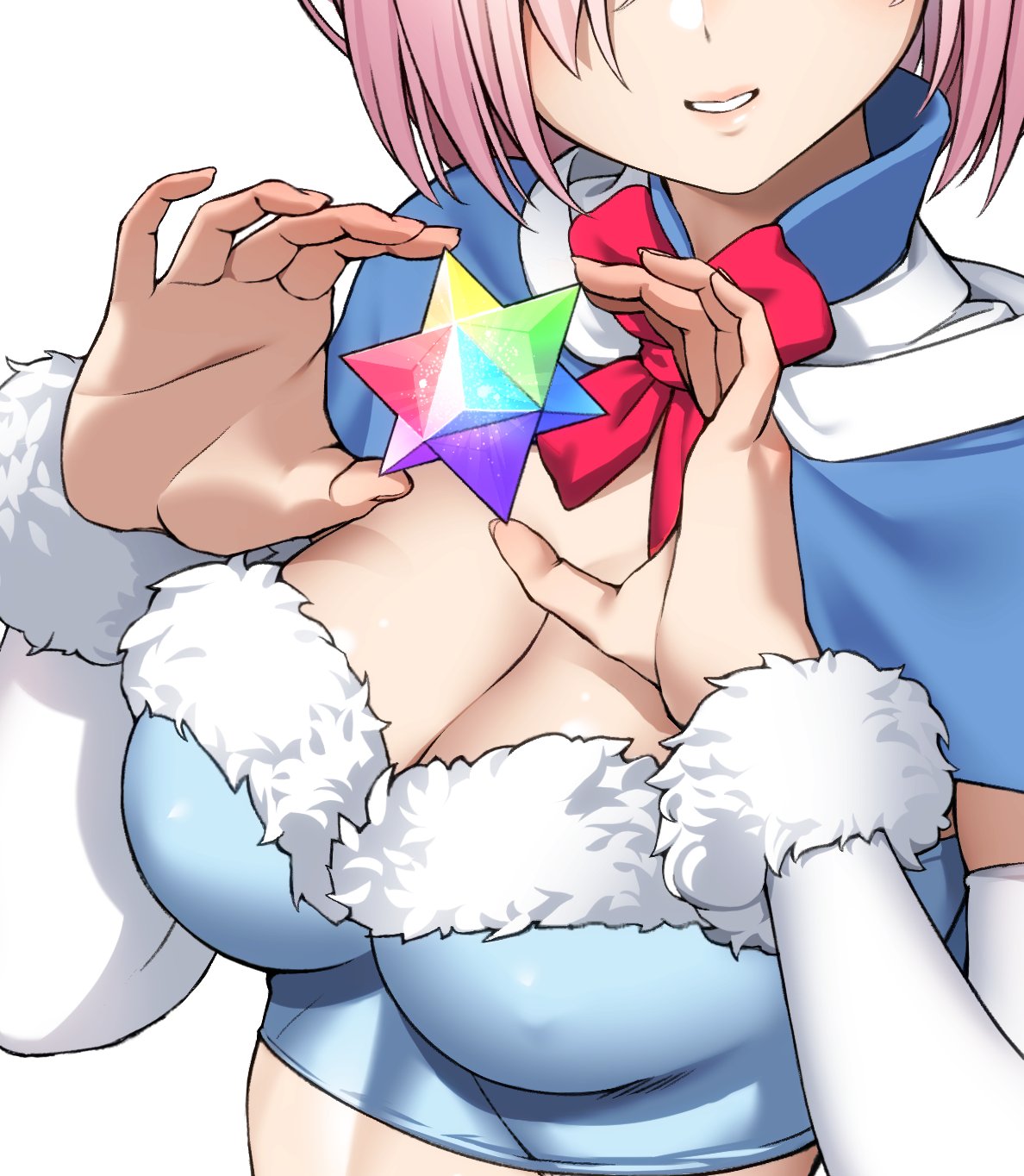 1girl blue_capelet bow bowtie breasts capelet cleavage detached_sleeves facing_viewer fate/grand_order fate_(series) fur_trim hands_up highres large_breasts long_sleeves mash_kyrielight pink_hair red_neckwear saint_quartz saruchitan short_hair simple_background smile solo white_background