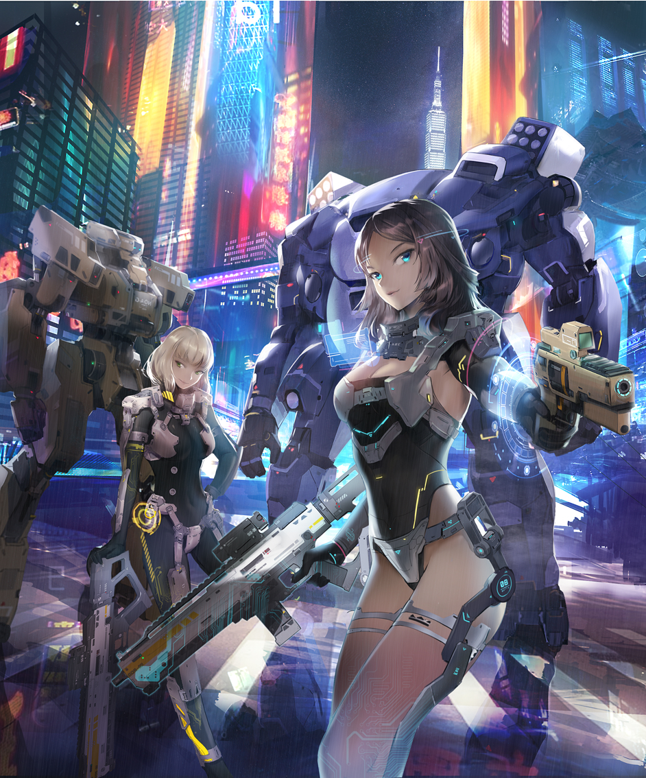 2girls blonde_hair blue_eyes bodysuit breasts brown_hair cityscape clare_(543) cleavage dual_wielding green_eyes gun holding holographic_interface long_hair looking_at_viewer mecha multiple_girls original pilot_suit skin_tight smile weapon